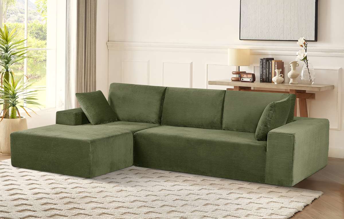 CozyForm Convertible Sectional Sofa In Soft Corduroy, Modern Comfy Couch With Full Foam Cushioning, Cozy Sleeper Sectional For Living Room, Bedroom, No Assembly Required, Dark Green - Left Facing