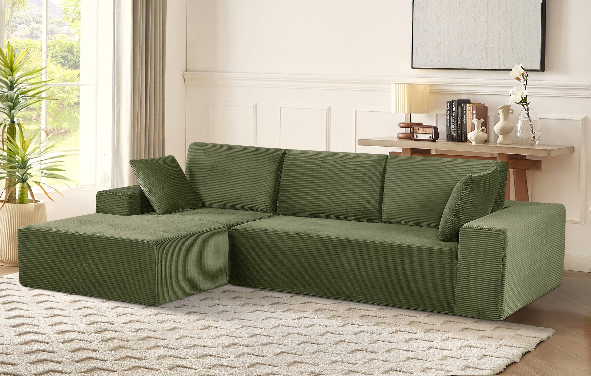 CozyForm Convertible Sectional Sofa In Soft Corduroy, Modern Comfy Couch With Full Foam Cushioning, Cozy Sleeper Sectional For Living Room, Bedroom, No Assembly Required, Dark Green - Left Facing