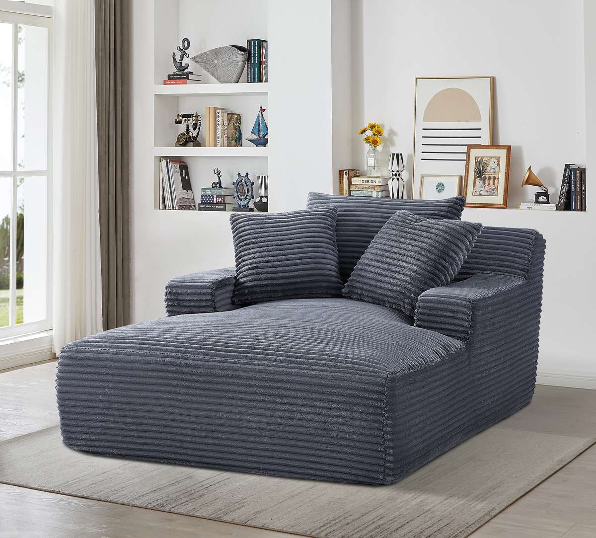 Cloudline Oversized Chaise Lounge Chair In Soft Corduroy, Modern Comfy Couch With Full Foam Cushioning, Cozy Sleeper Sofabed For Living Room, Bedroom, No Assembly Required, Grey