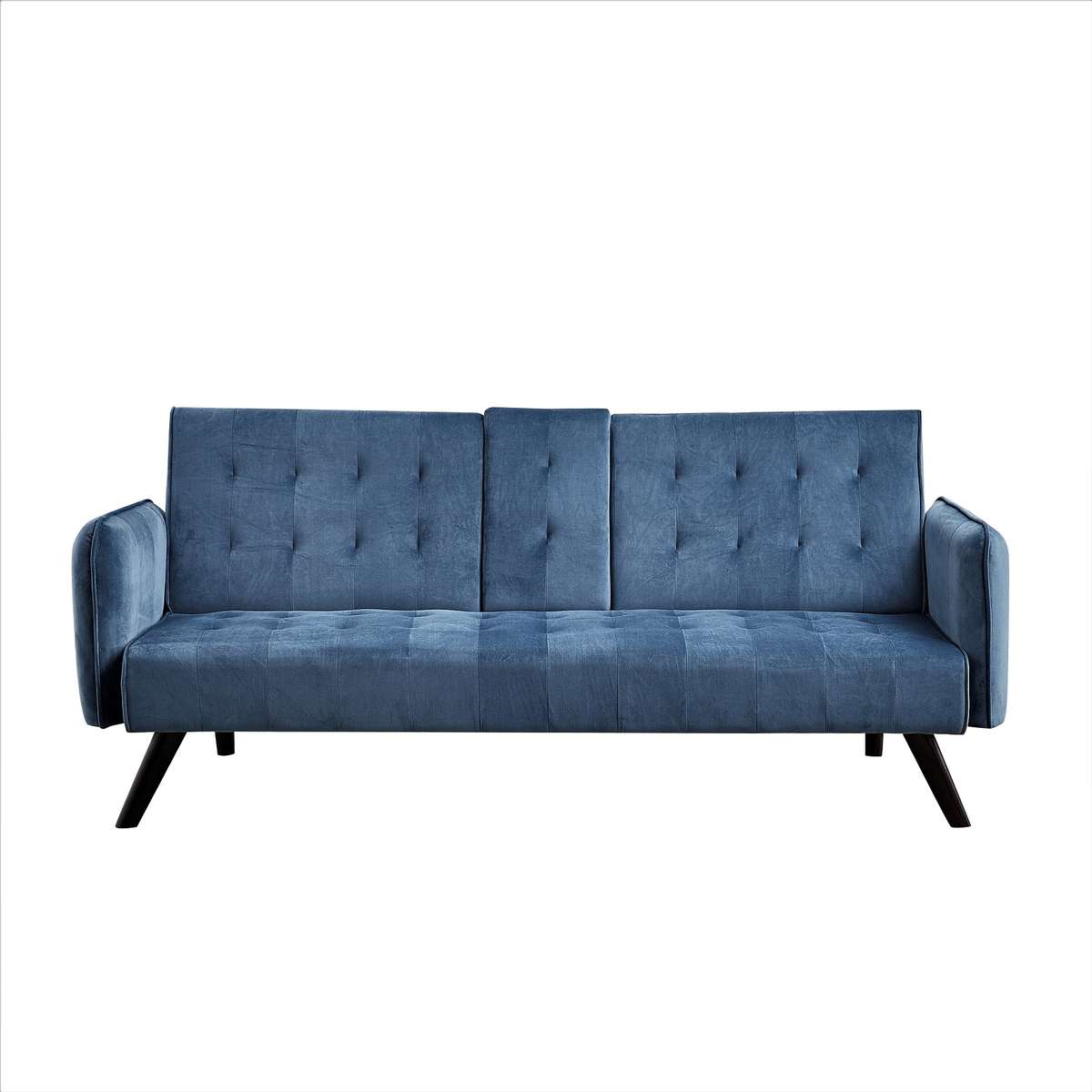 72 Velvet Convertible Sofa Bed With Cup Holders, Tufted Folding Futon Sleeper Couch, Mid-Century Modern 3 Seater For Small Spaces, 72 L X 34.6 D X 31 H, Blue
