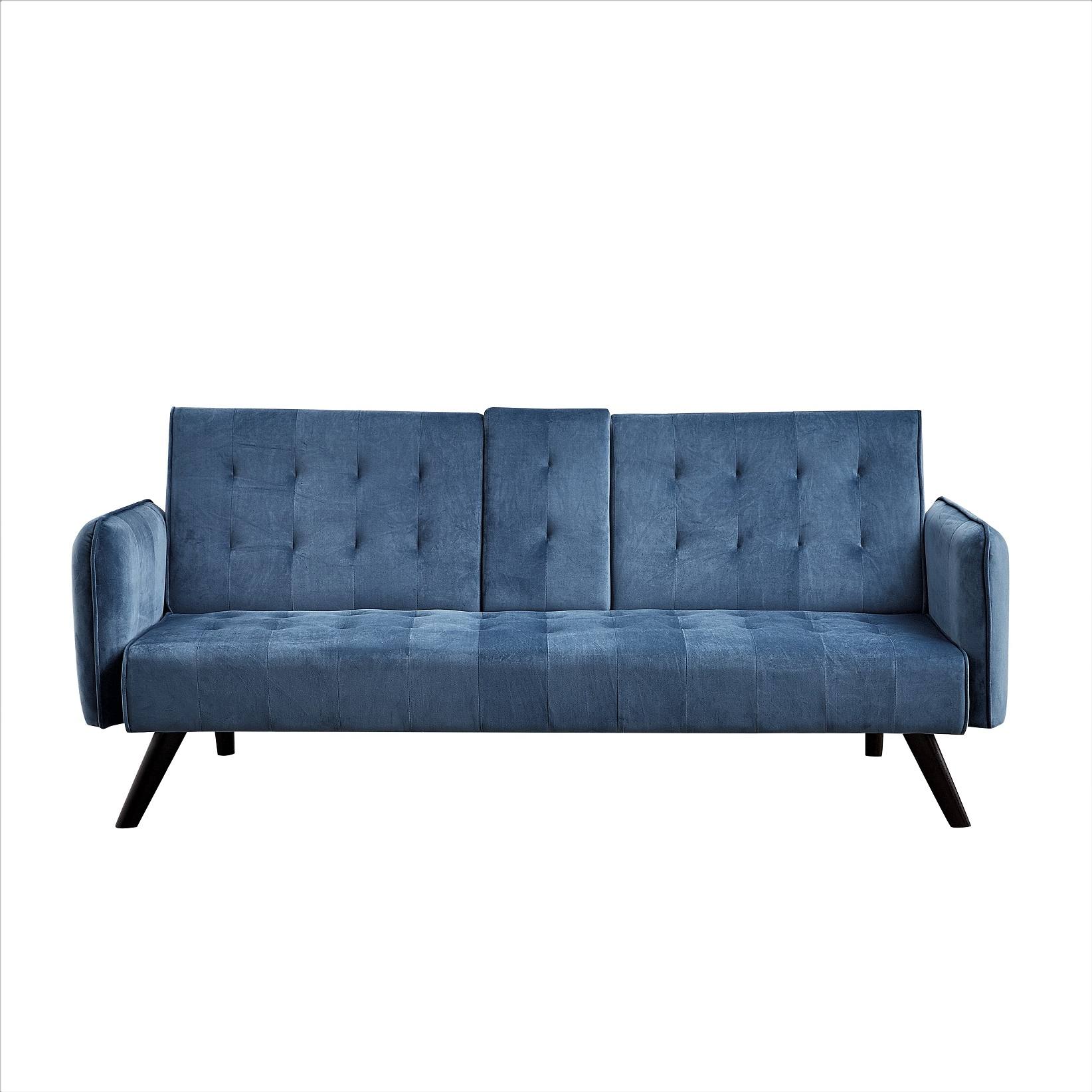 72 Velvet Convertible Sofa Bed With Cup Holders, Tufted Folding Futon Sleeper Couch, Mid-Century Modern 3 Seater For Small Spaces, 72 L X 34.6 D X 31 H, Blue