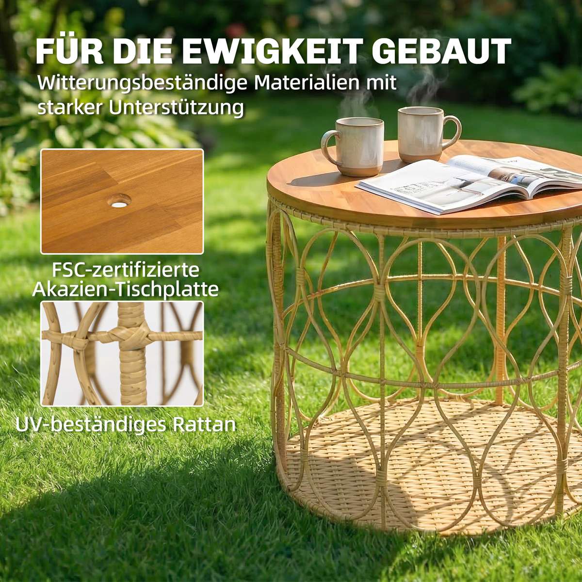 Beistelltisch Ø50 Cm Wetterfest Gartentisch Mit Rattanoptik Akazienholzplatte Verstellbaren Füßen Teak