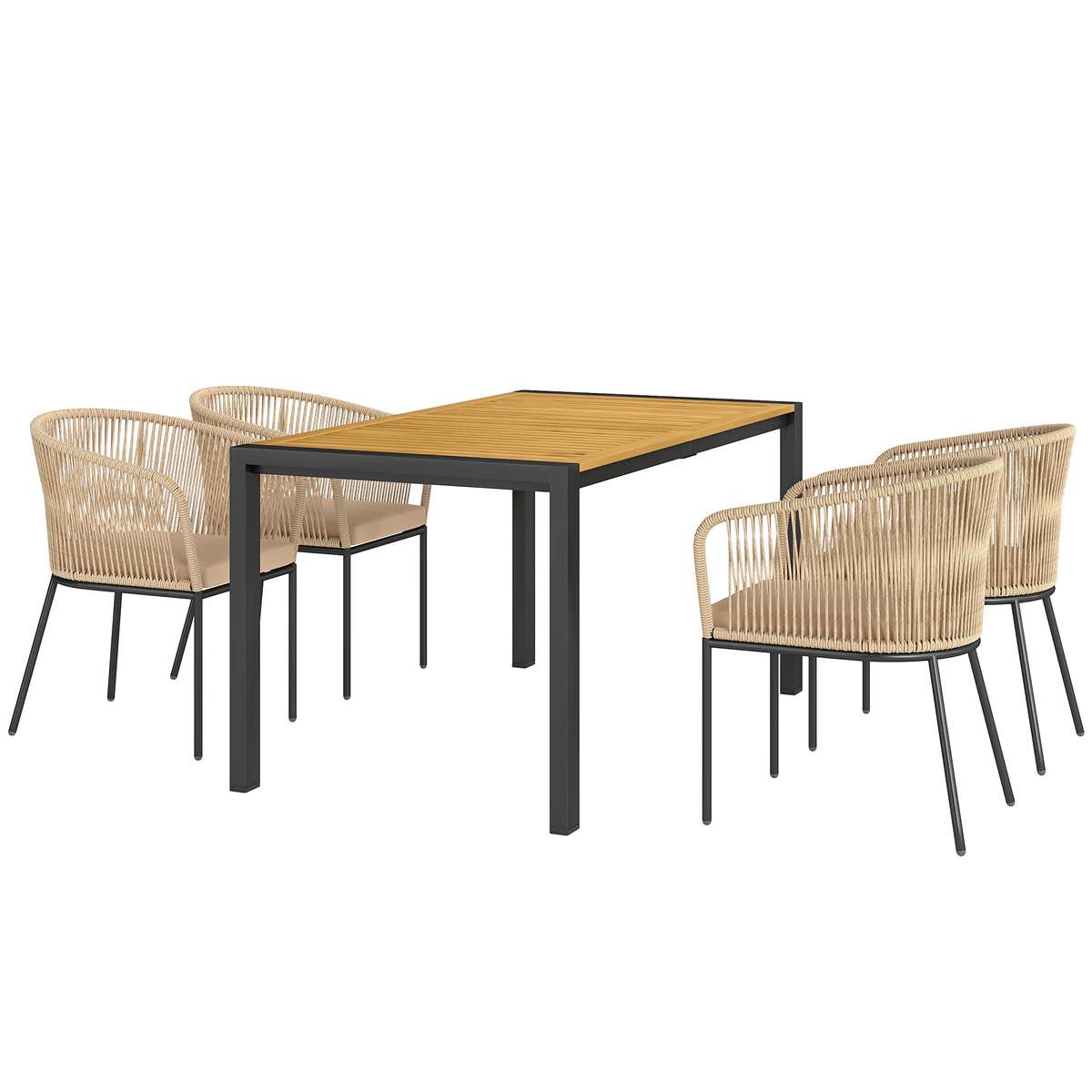 5-teiliges Gartenmöbel-Set, 4 Stühle, 1 Tisch, Kunst-Rattan, Stahlgestell, Waschbare Kissen, Für Terrasse, Khaki