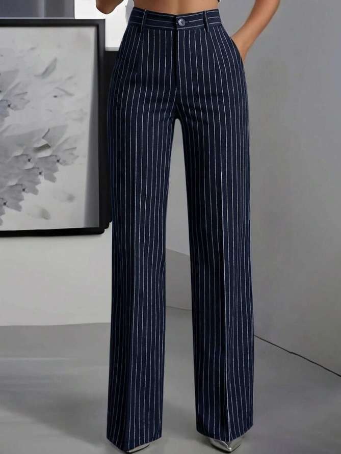 New European And American Style High-Waist Striped Drop-Seat Wide Leg Pants For Women Loose Straight Office Casual Pants