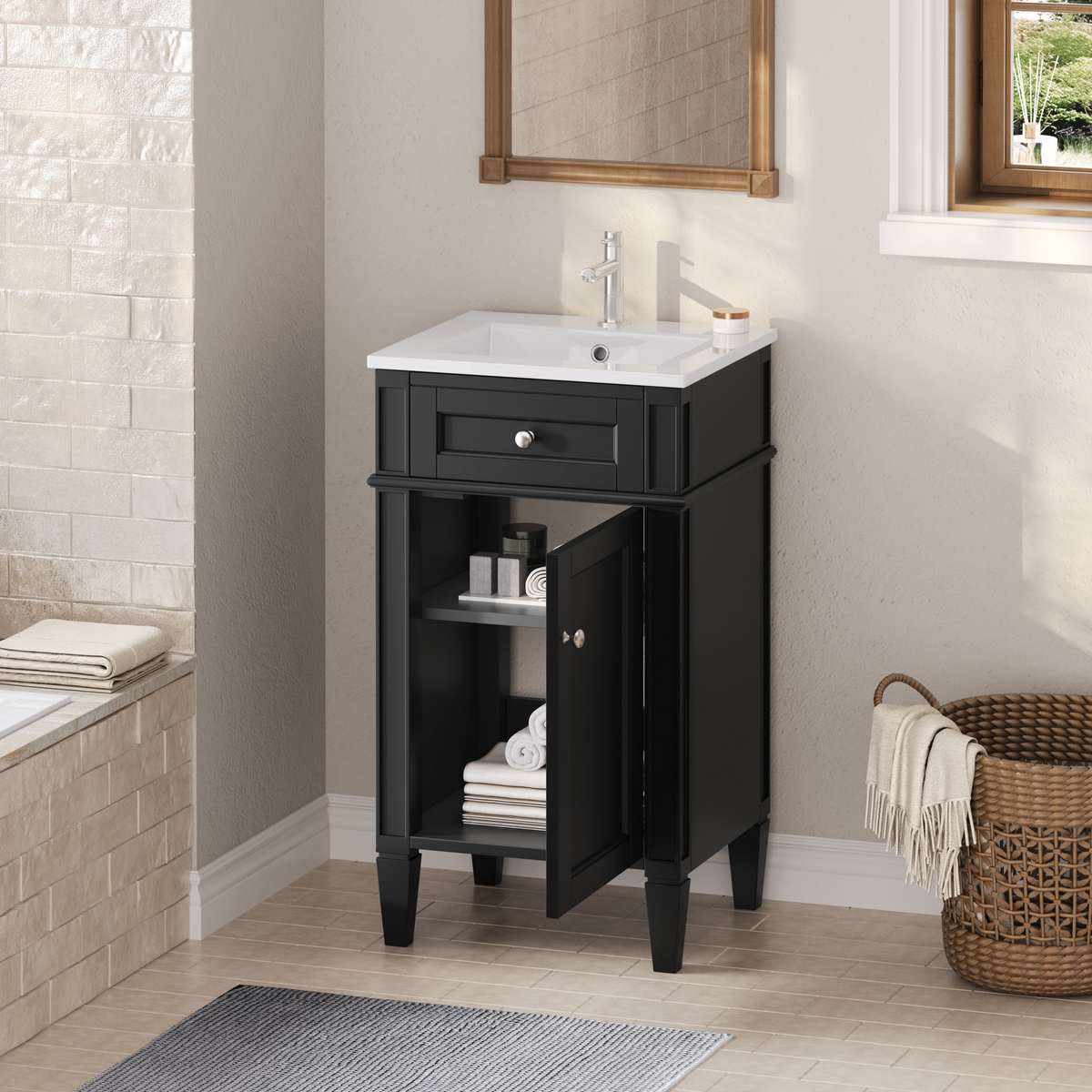 18-inch Bathroom Vanity With Ceramic Sink, Freestanding Single Vanity Set With Soft Closing Door, Adjustable Shelf, French Style, Solid Feet, Black