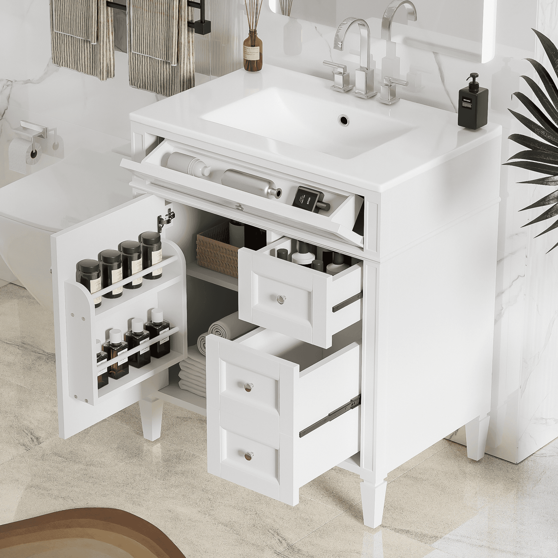 30 Bathroom Vanity With Top Sink, Modern Bathroom Storage Cabinet With 2 Drawers And A Tip-out Drawer, Single Sink Bathroom Vanity
