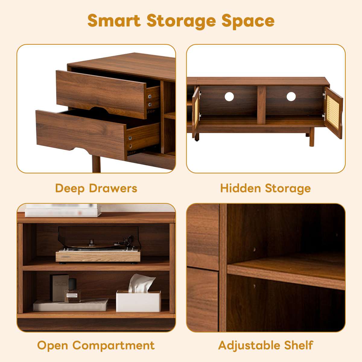 78 Inch TV Stand For TVs Up To 85 Inch, Media Console With 2 Drawers, Solid Wood Legs, Rattan Front Panels, For Living Room, Modern Entertainment Center