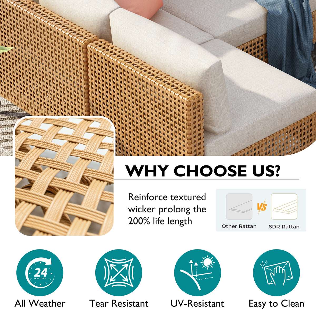 K&K 7-Piece Wicker Patio Furniture Set, Outdoor Conversation Set Sectional Sofa With Water Resistant Beige Thick Cushions And Coffee Table For Outdoor Couch, Porch, Backyard - Beige