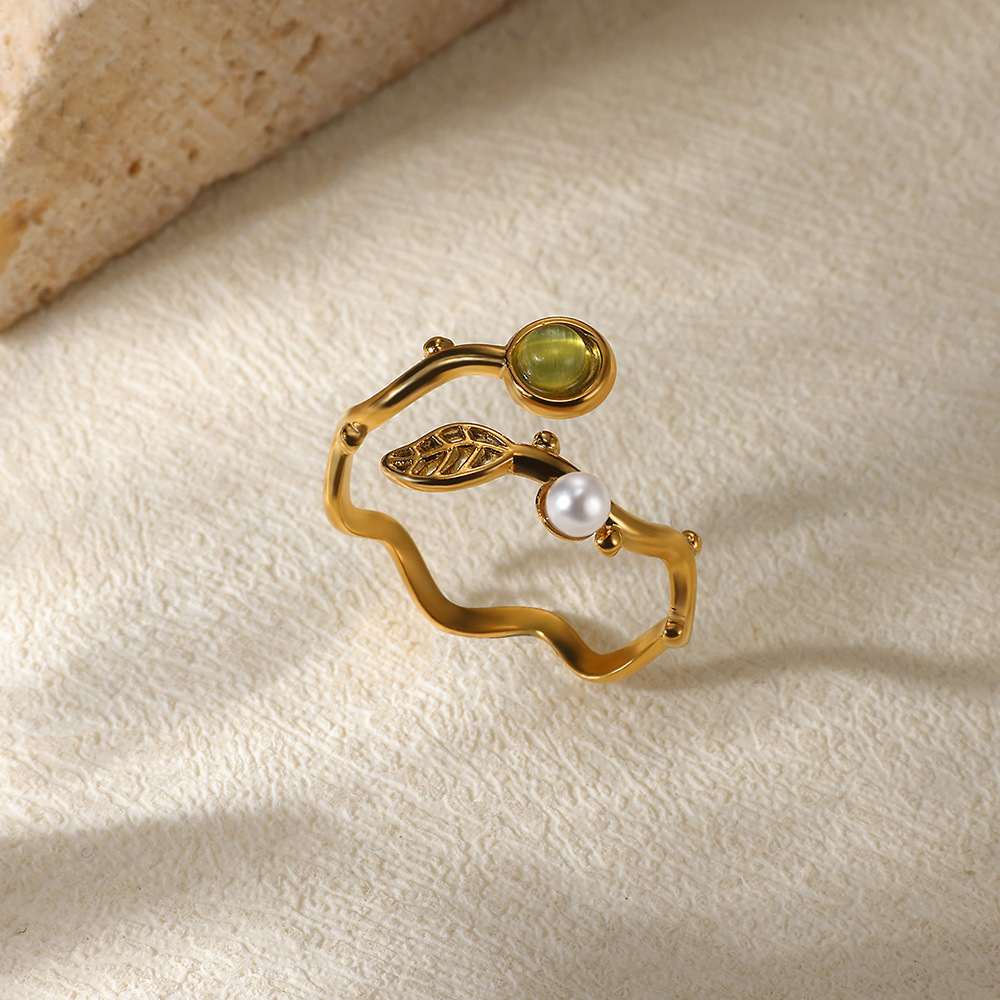 18K Gold Plated Faux Pearl Heart Ring Geometric Stainless Steel Open Jewelry