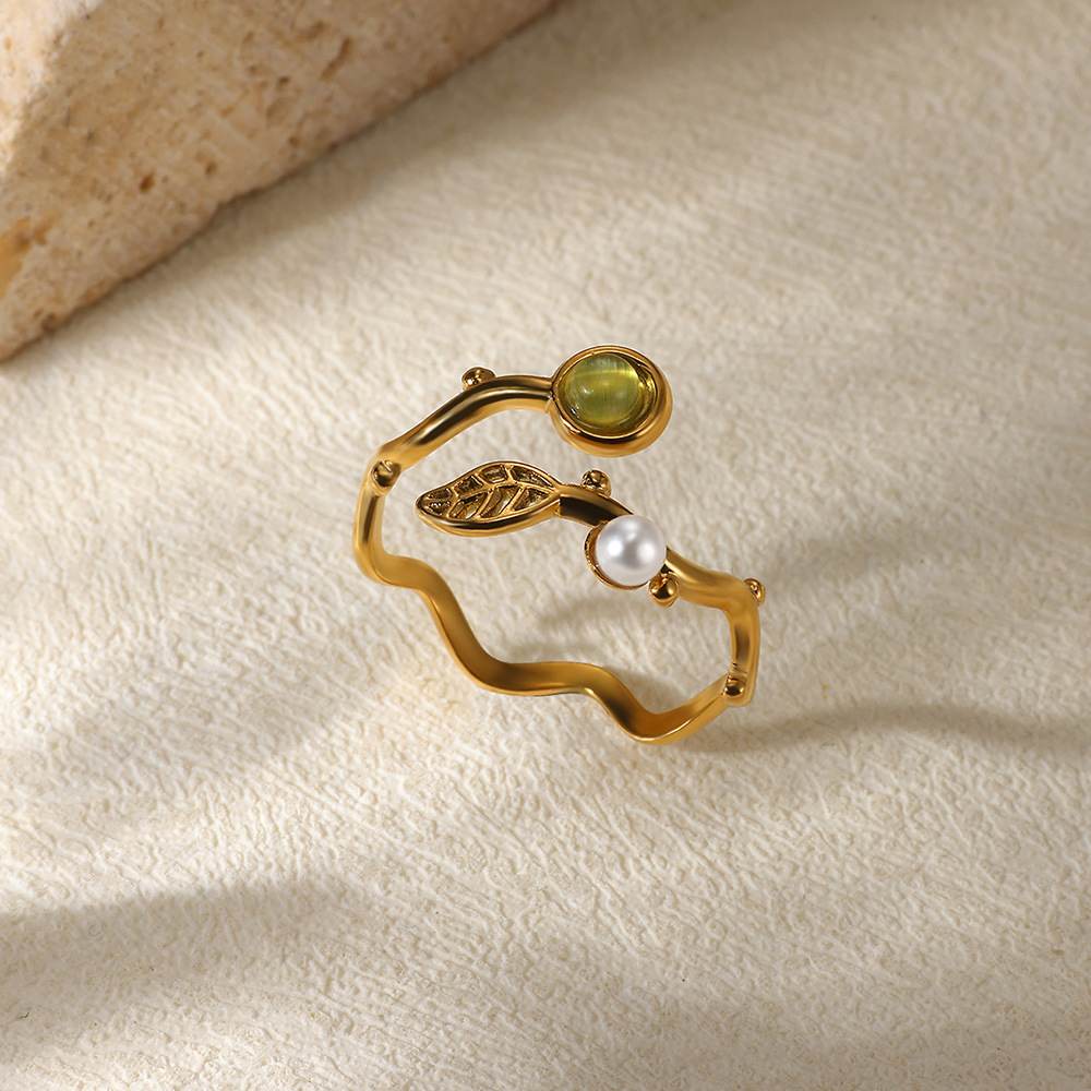 18K Gold Plated Faux Pearl Heart Ring Geometric Stainless Steel Open Jewelry