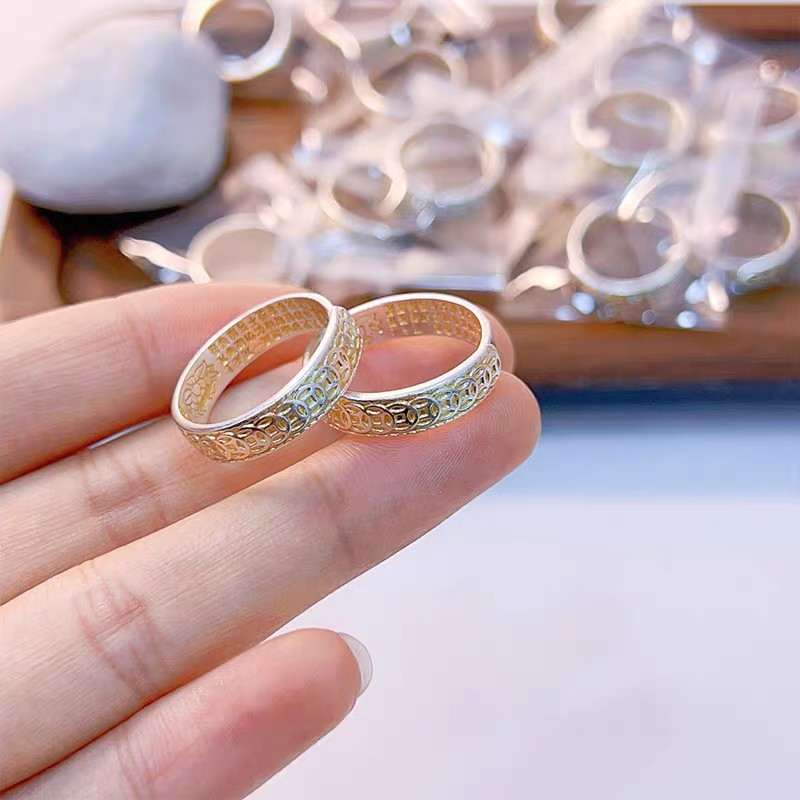999.9 Fine Silver Vintage Coin Adjustable Ring, New Chinese Gilded Wealth Silver Band