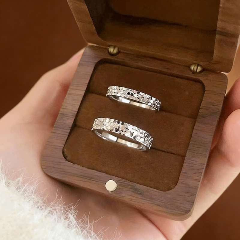 999 Fine Silver Ice Crack Ring Glitter Luxury Couple Jewelry 2Pcs Set
