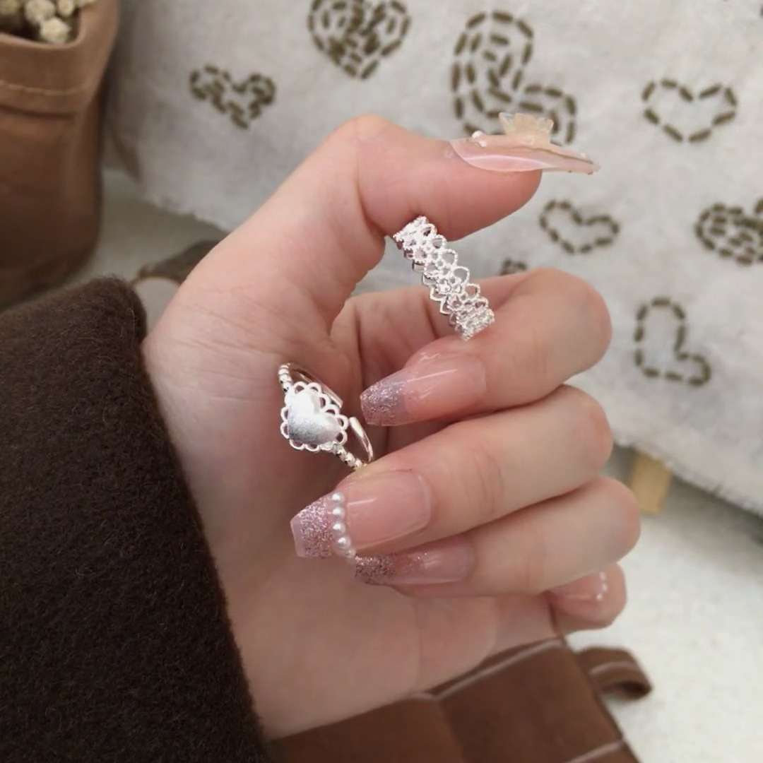 S999 Fine Silver Lace Heart Brushed Ring, Retro Niche Versatile Hollow-out Elegant Sweet Band For Women