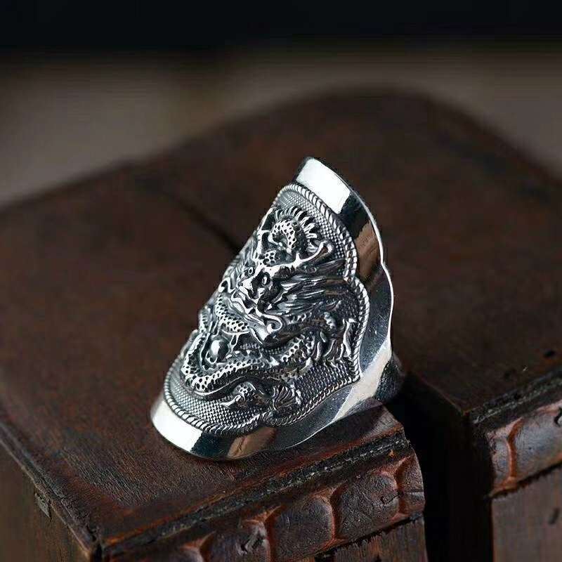 1pcs 925 Sterling Silver Vintage Dragon Engraved Open Ring, Bold Masculine Style, For Daily Wear & Streetwear Outfits