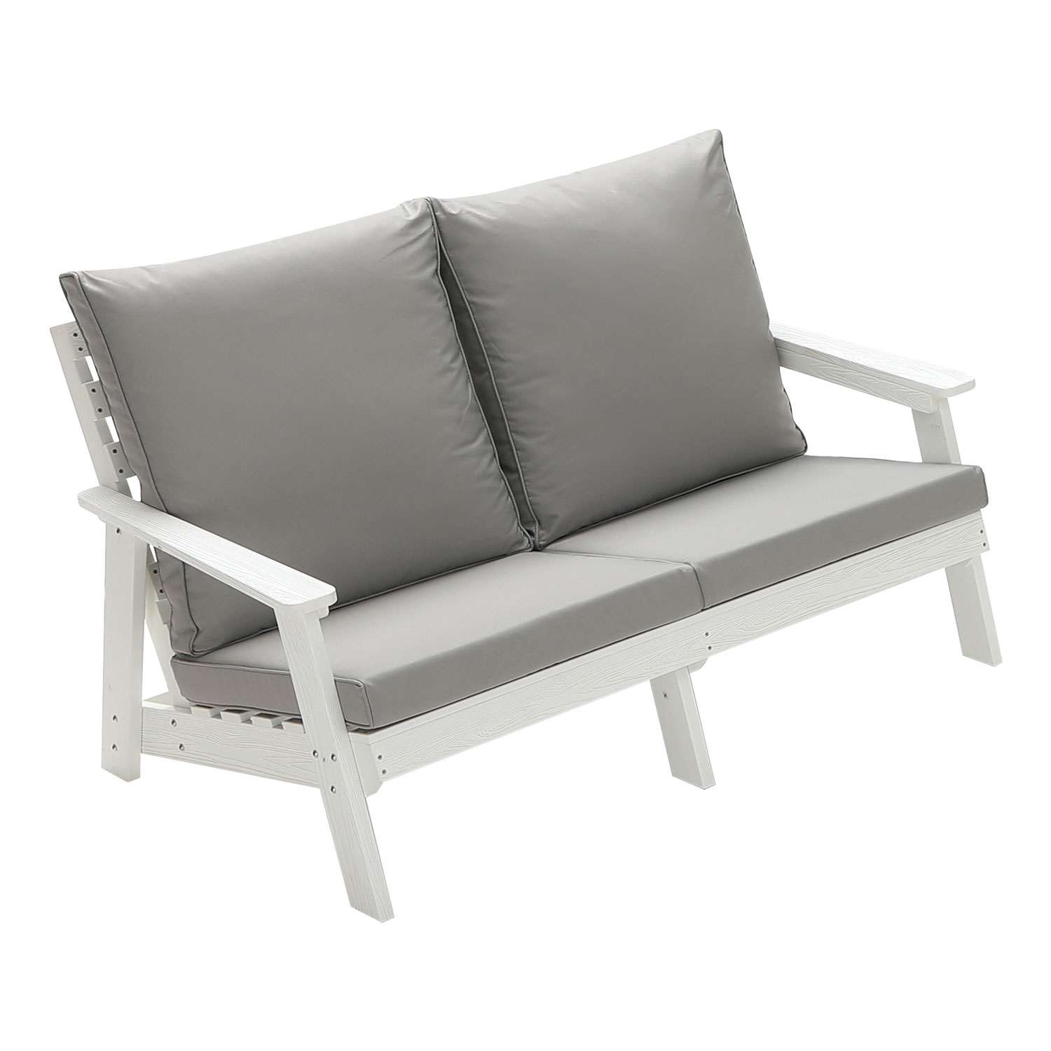 HIPS Loveseat With Cushion, Wood Grain Outdoor Garden Sofa,White Grey