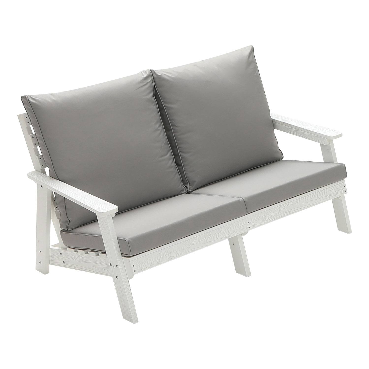 HIPS Loveseat With Cushion, Wood Grain Outdoor Garden Sofa,White Grey