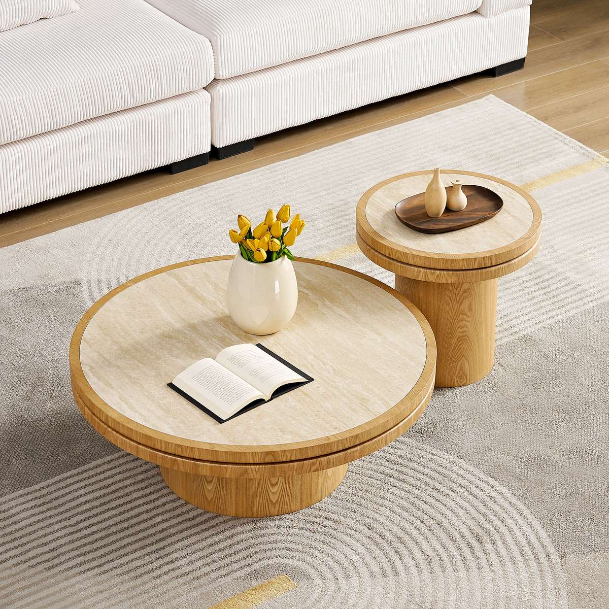Set Of 19.49 35.43 MDF Round CoffeeTable Sintered Stone Tabletop For Living Room Apartment Reception Room NATURAL