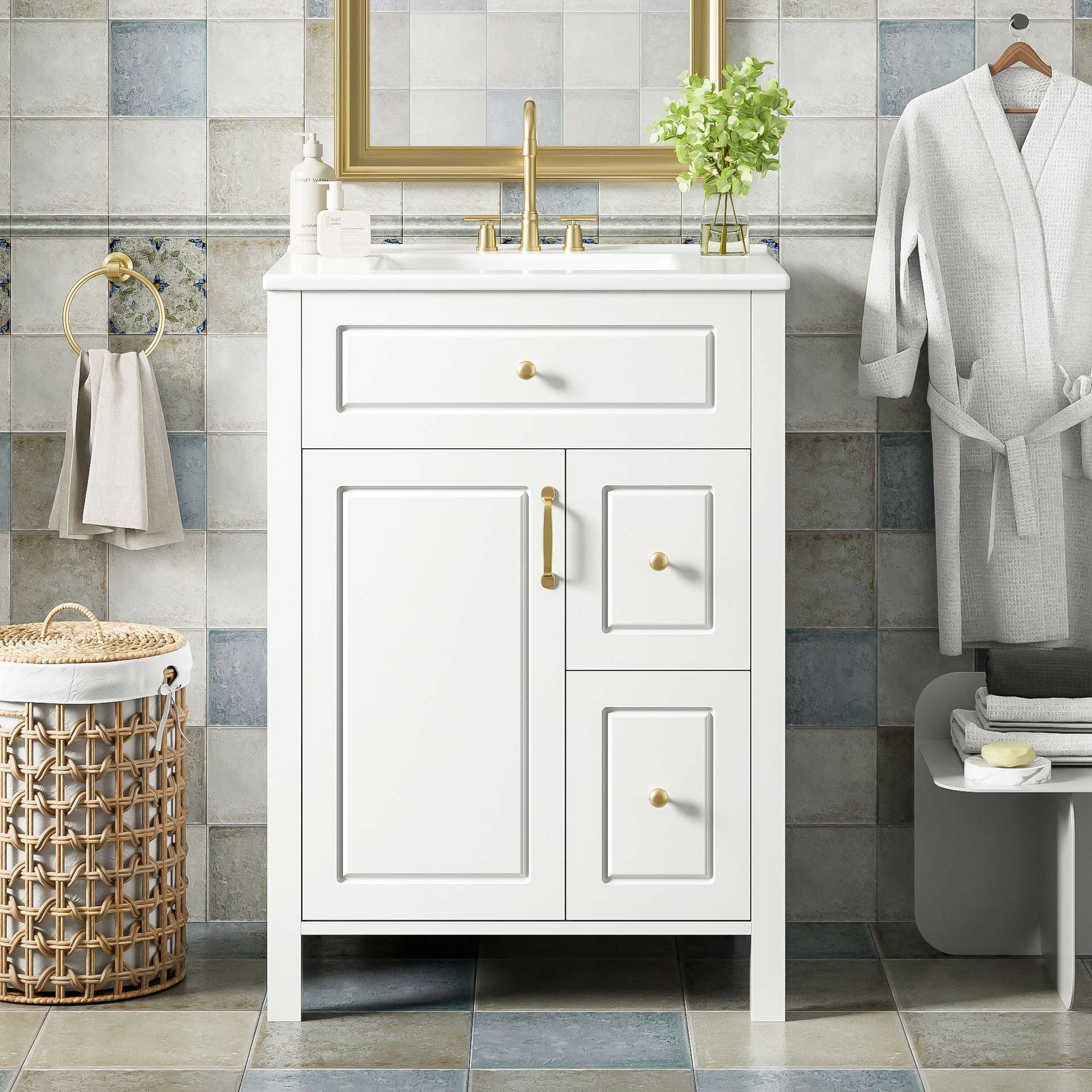 24-Inch Bathroom Vanity With Ceramic Sink, 1 Soft Close Door, 2 Soft Close Drawers, And Double Storage Racks On The Door