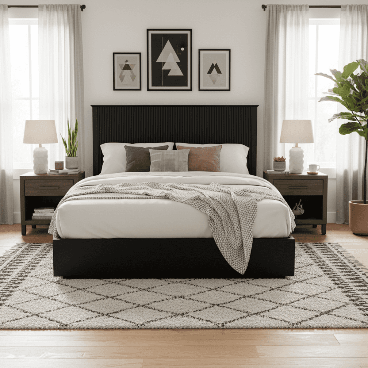 Stylish King Size Bed Frame - Black Solid Wood King Bed, 600lbs Weight Limit, Compatible With 8 - 10 Mattress, Contemporary Bedroom Furniture