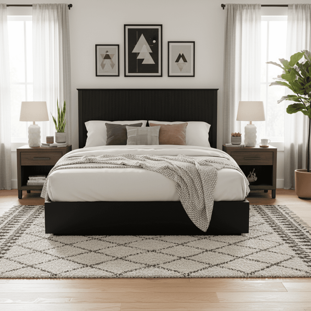 Stylish King Size Bed Frame - Black Solid Wood King Bed, 600lbs Weight Limit, Compatible With 8 - 10 Mattress, Contemporary Bedroom Furniture