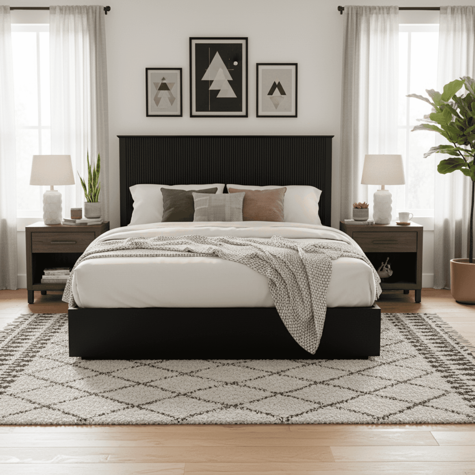 Stylish King Size Bed Frame - Black Solid Wood King Bed, 600lbs Weight Limit, Compatible With 8 - 10 Mattress, Contemporary Bedroom Furniture