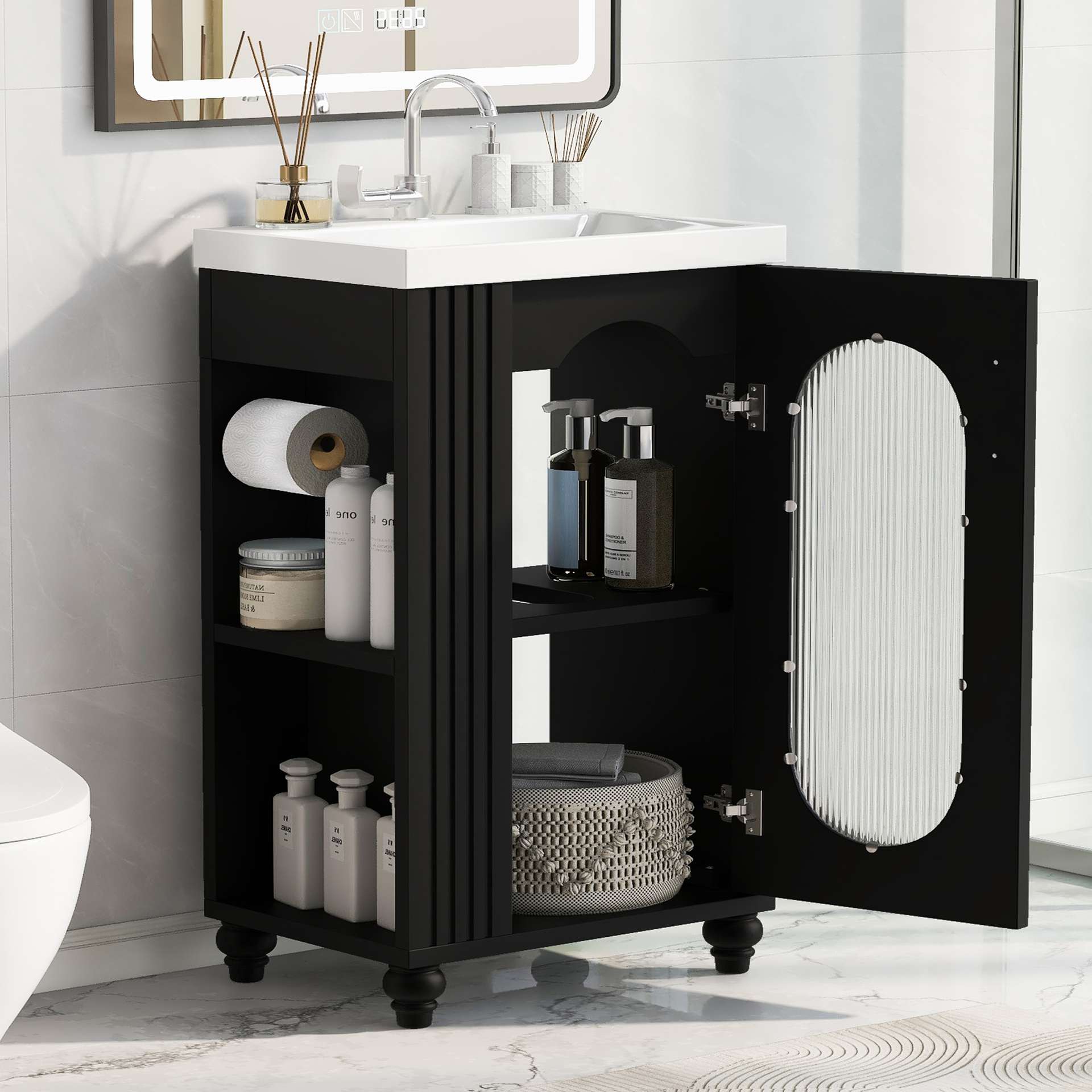 20 Bathroom Vanity With Sink, Bathroom Vanity Cabinet With Two-tier Shelf, Adjustable Shelf, Solid Wood And MDF, Black