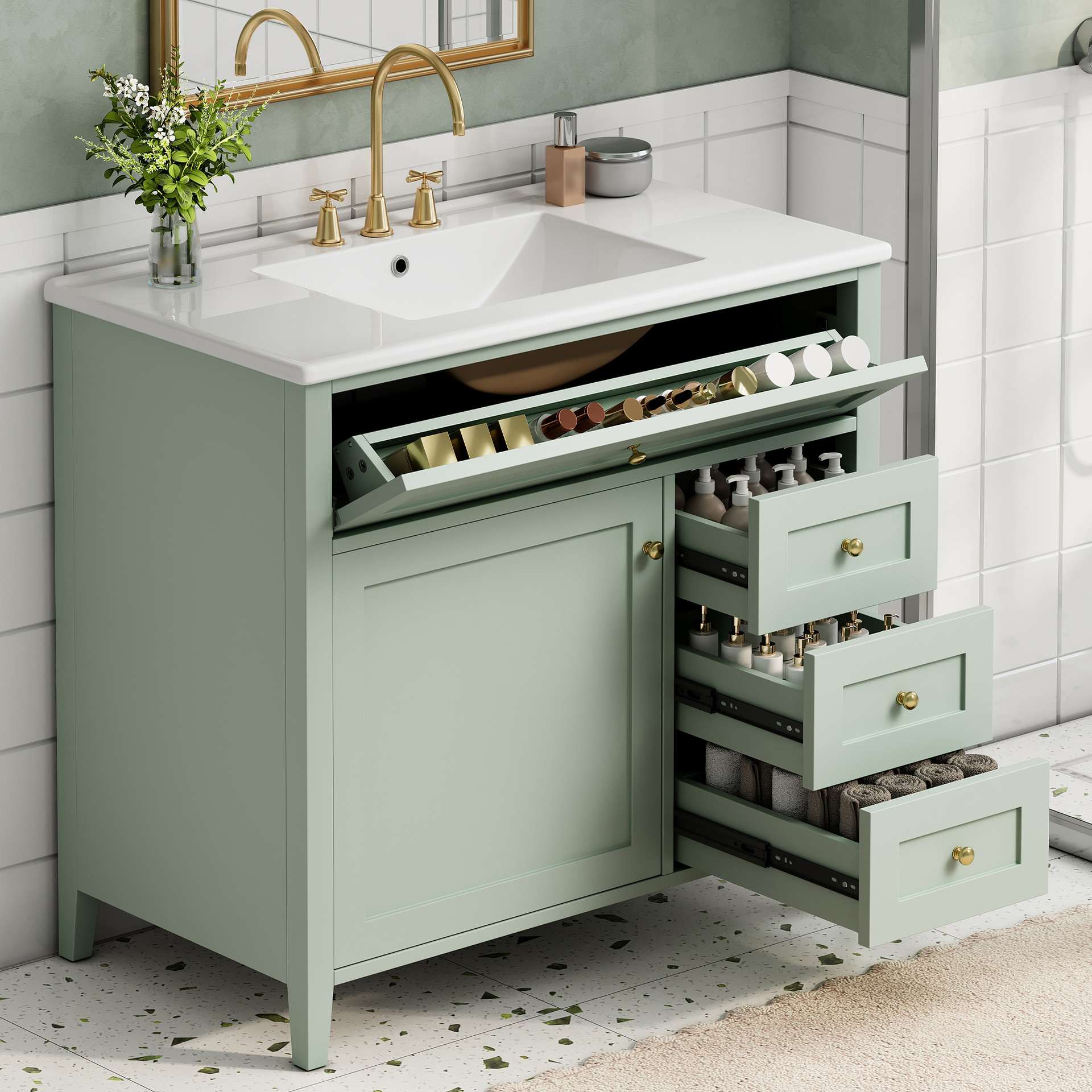 36-Inch Green Bathroom Vanity With Sink, Modern MDF And Rubberwood Cabinet With 3 Drawers And Adjustable Shelf, Freestanding Vanity For Bathroom Storage And Organization Left Door