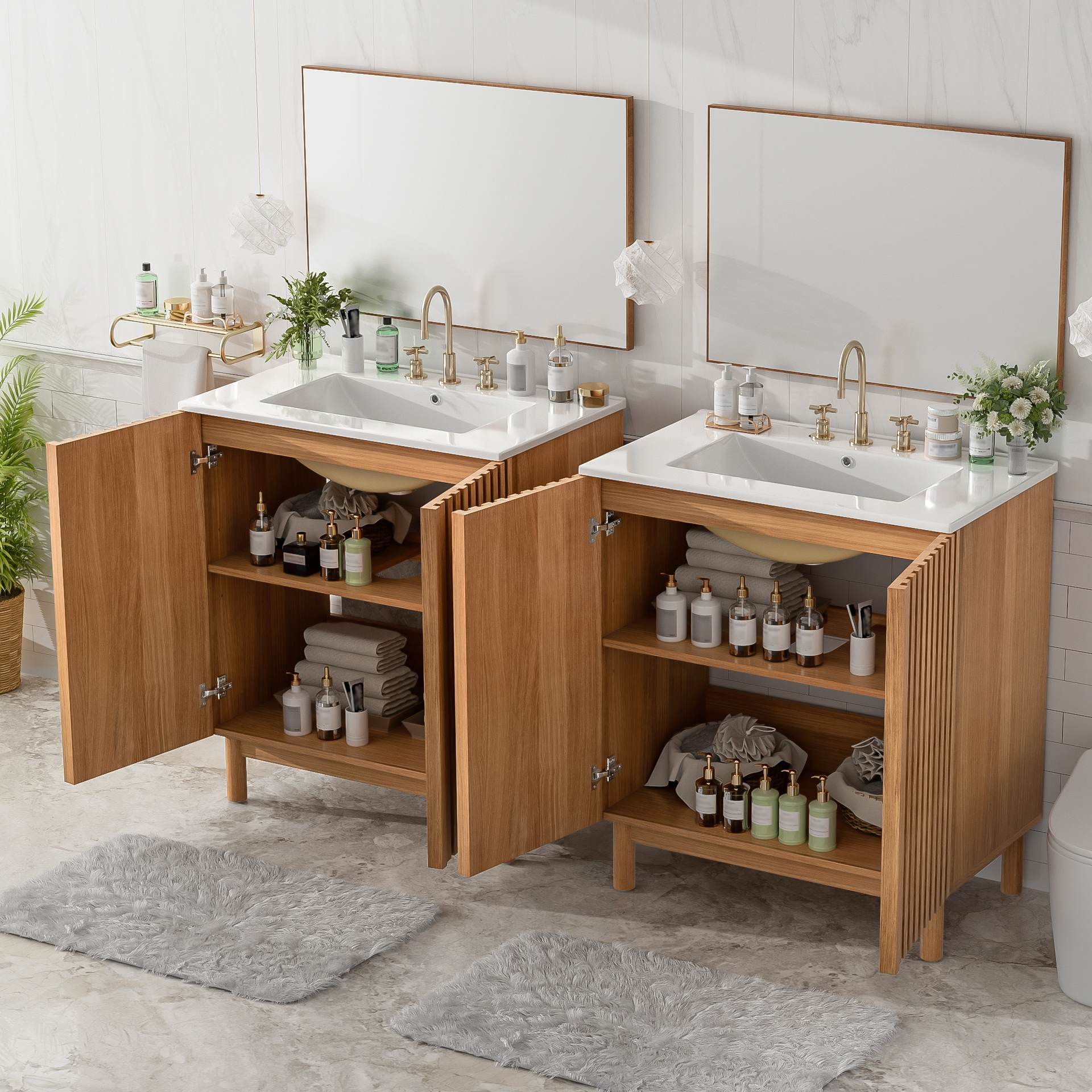 59.8 Bathroom Vanity Combo With Ceramic Sink, Traditional American Style, Wooden Legs, MDF Structure, Soft-Close Doors With Adjustable U-Shaped Shelf, Plastic Feet Pads