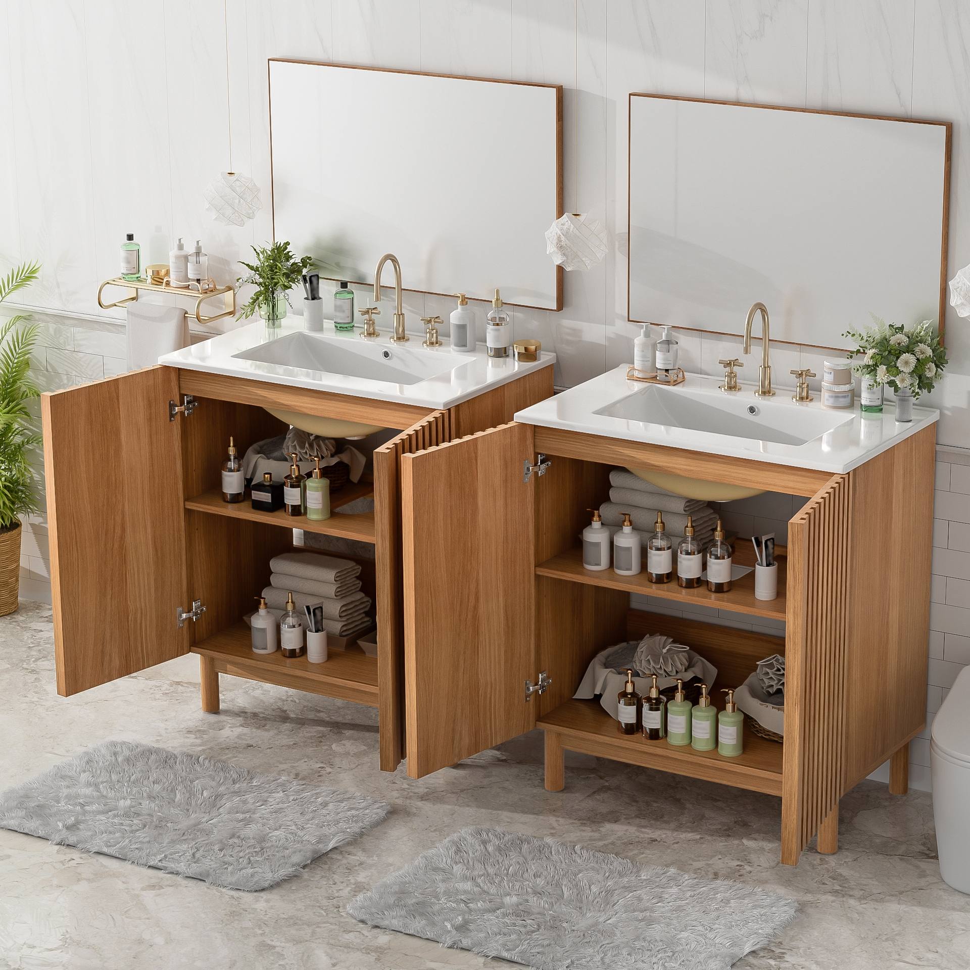 59.8 Bathroom Vanity Combo With Ceramic Sink, Traditional American Style, Wooden Legs, MDF Structure, Soft-Close Doors With Adjustable U-Shaped Shelf, Plastic Feet Pads