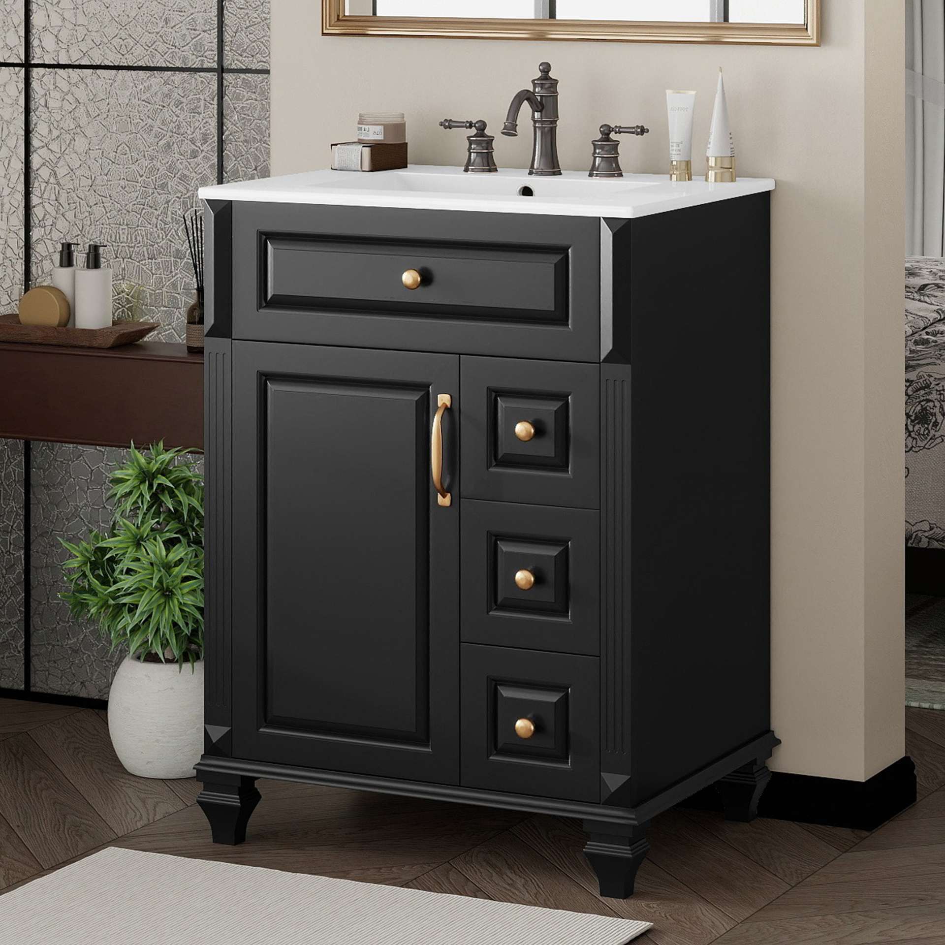 24 Inch Bathroom Vanity With Sink, Black Freestanding Vanity Cabinet With Flip-Out Drawer, 3 Drawers & Storage Cabinet, Solid Wood & MDF, Ceramic Sink Top