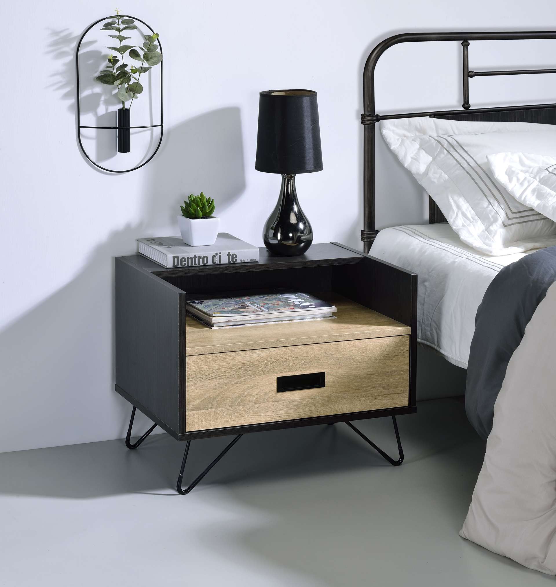 Melkree Oak & Black Finish Accent Table With Display & Utility Function