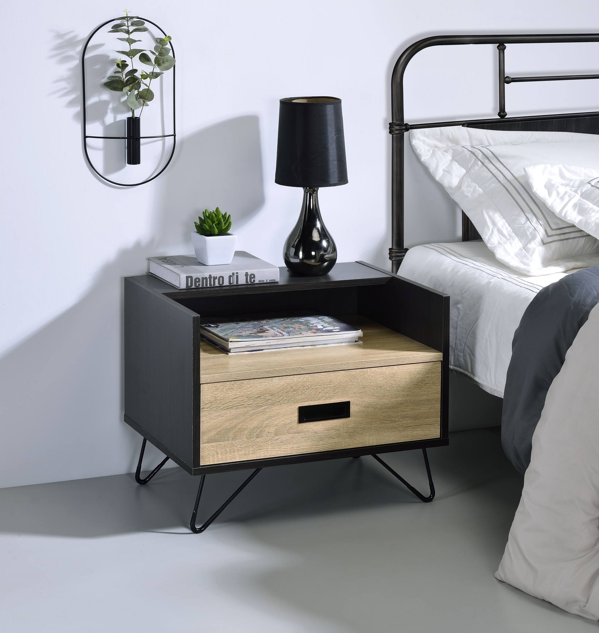 Melkree Oak & Black Finish Accent Table With Display & Utility Function