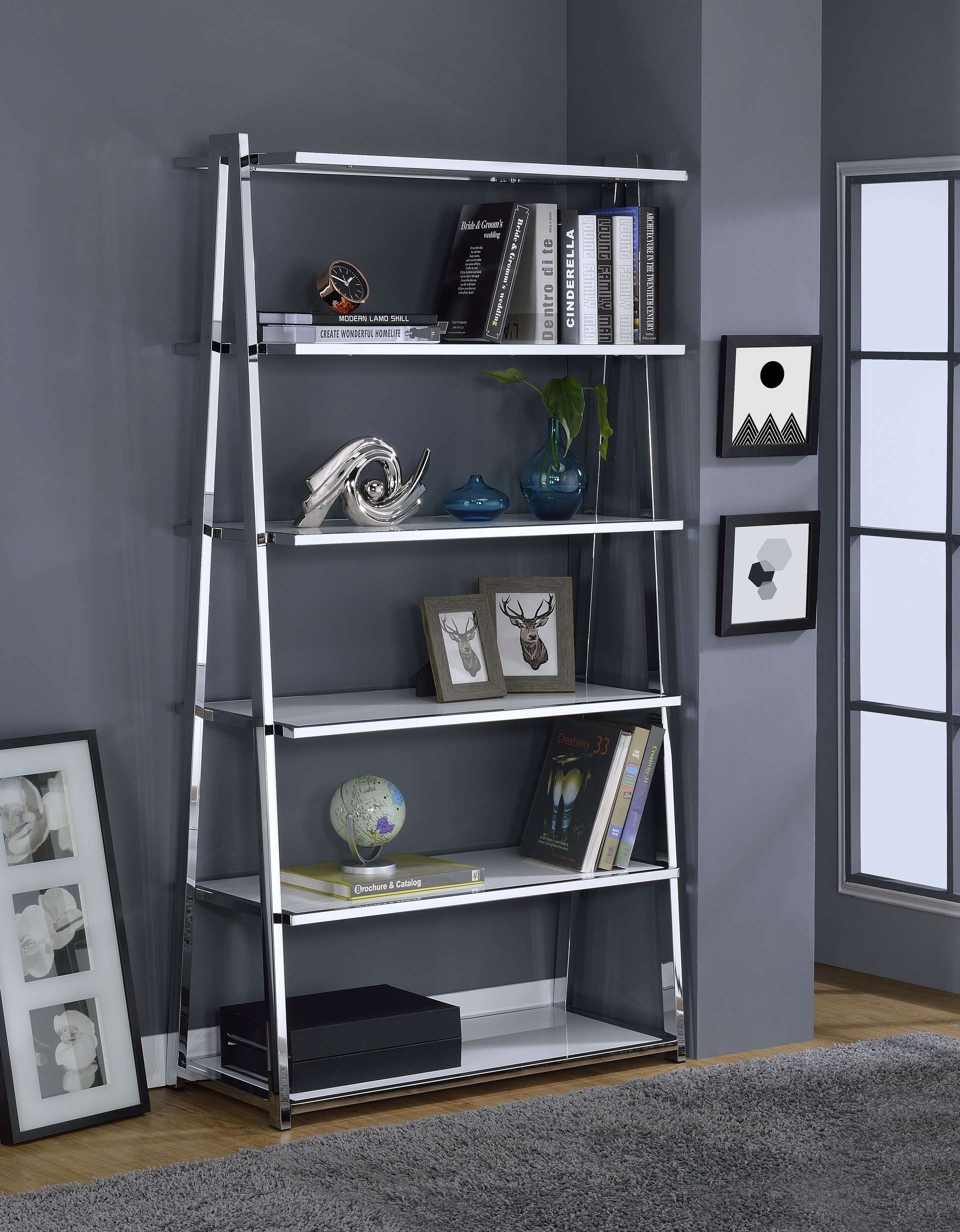 Coleen White High Gloss & Chrome Finish Bookshelf