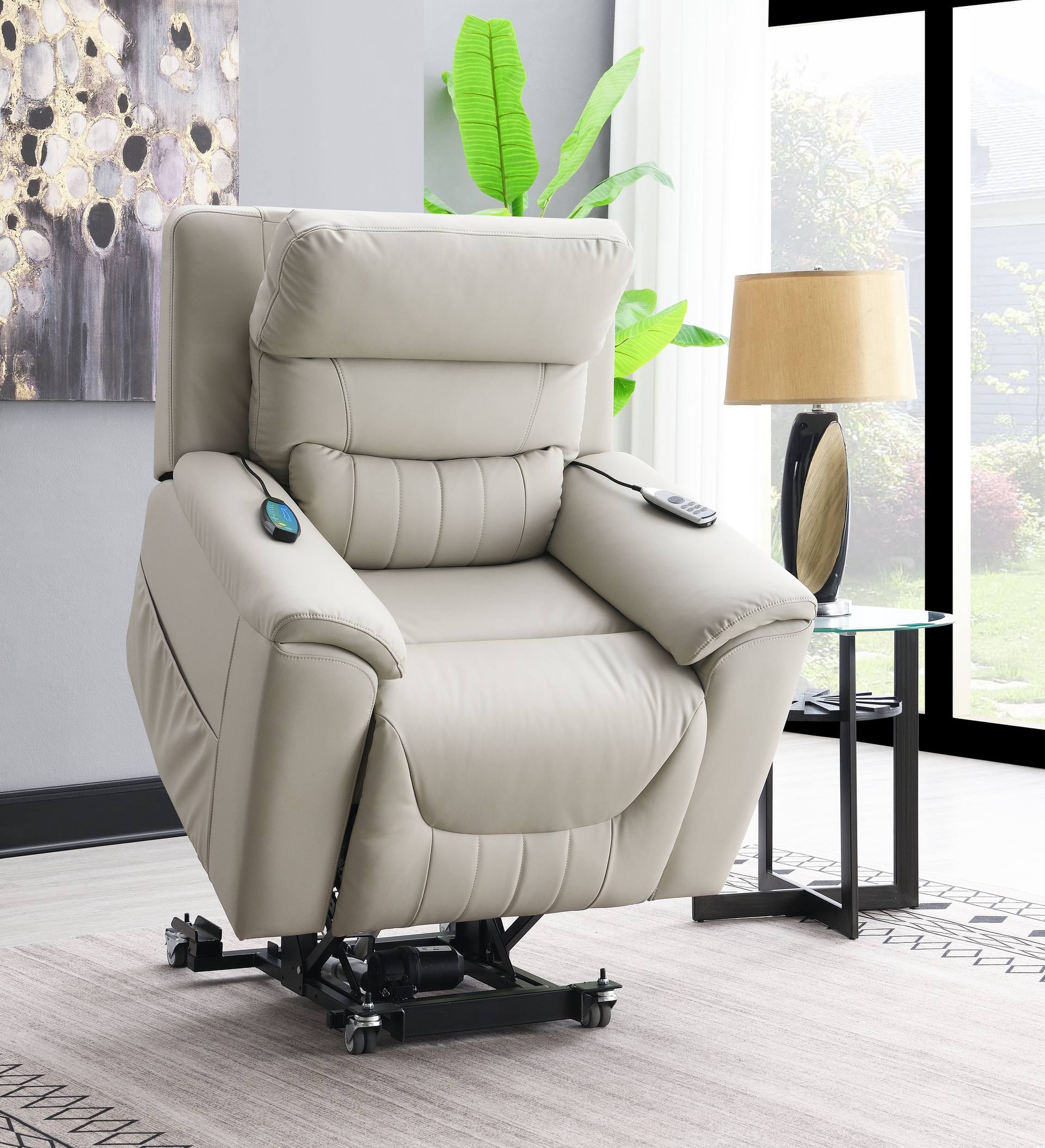 Marsha Light Gray Silicone Synthetic Leather Power Motion Recliner With Lift, Heating & Massage Chair