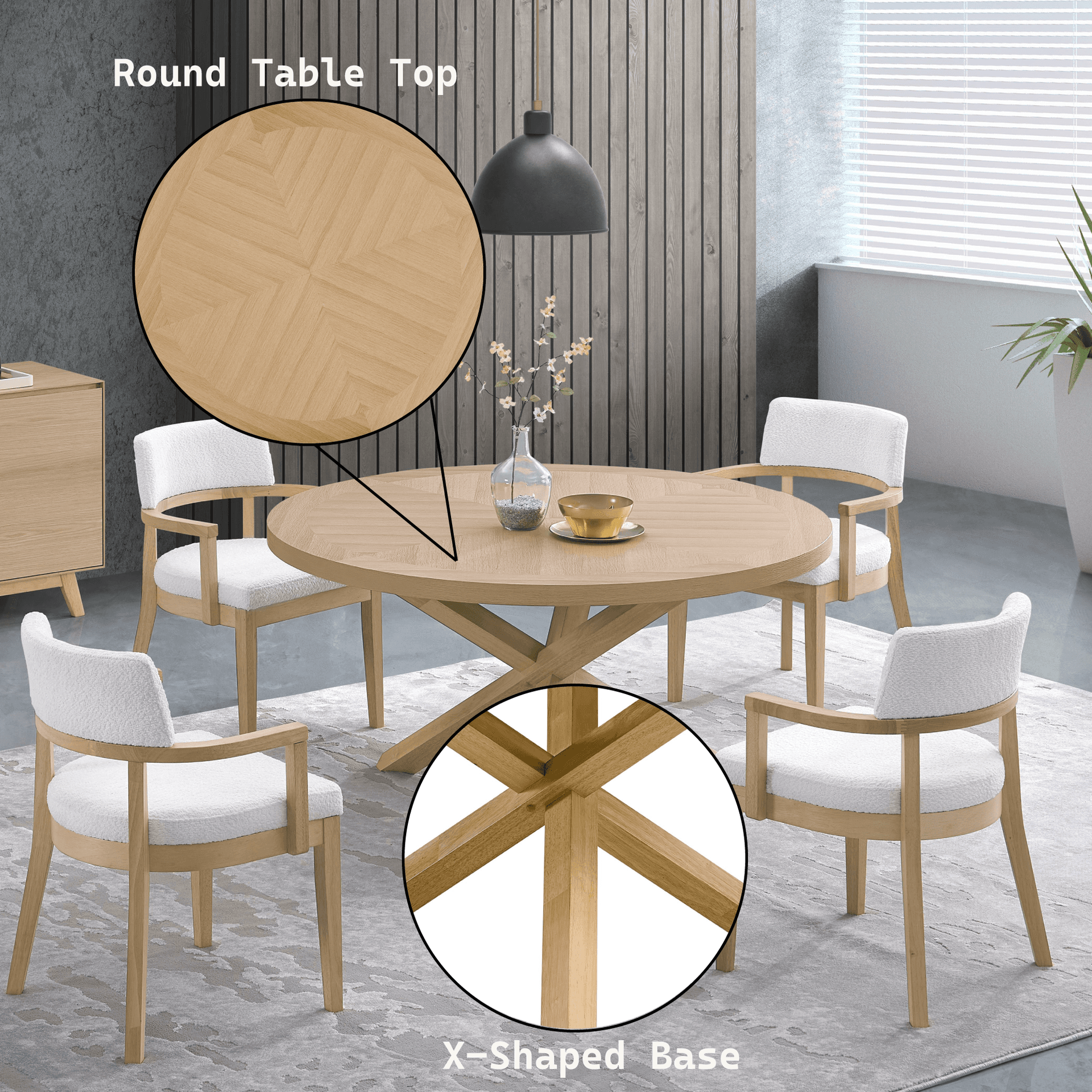 Kasem 5 Pieces Oak Finish Round Dining Table W Matching Chair Dining Room Set