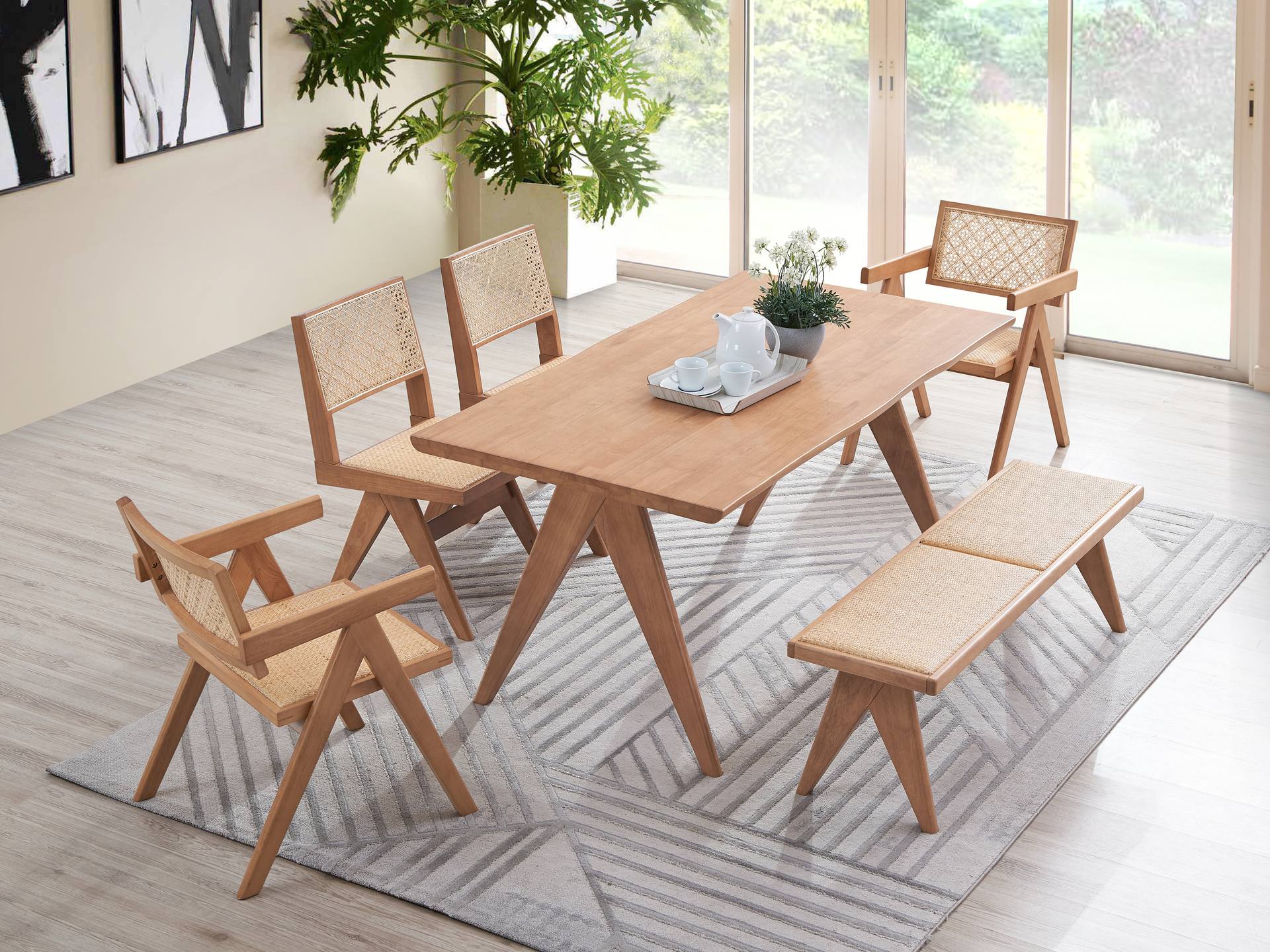 Valentina Rattan & Natural Finish 5PCs Patio Outdoor Dining Set No Bench Included