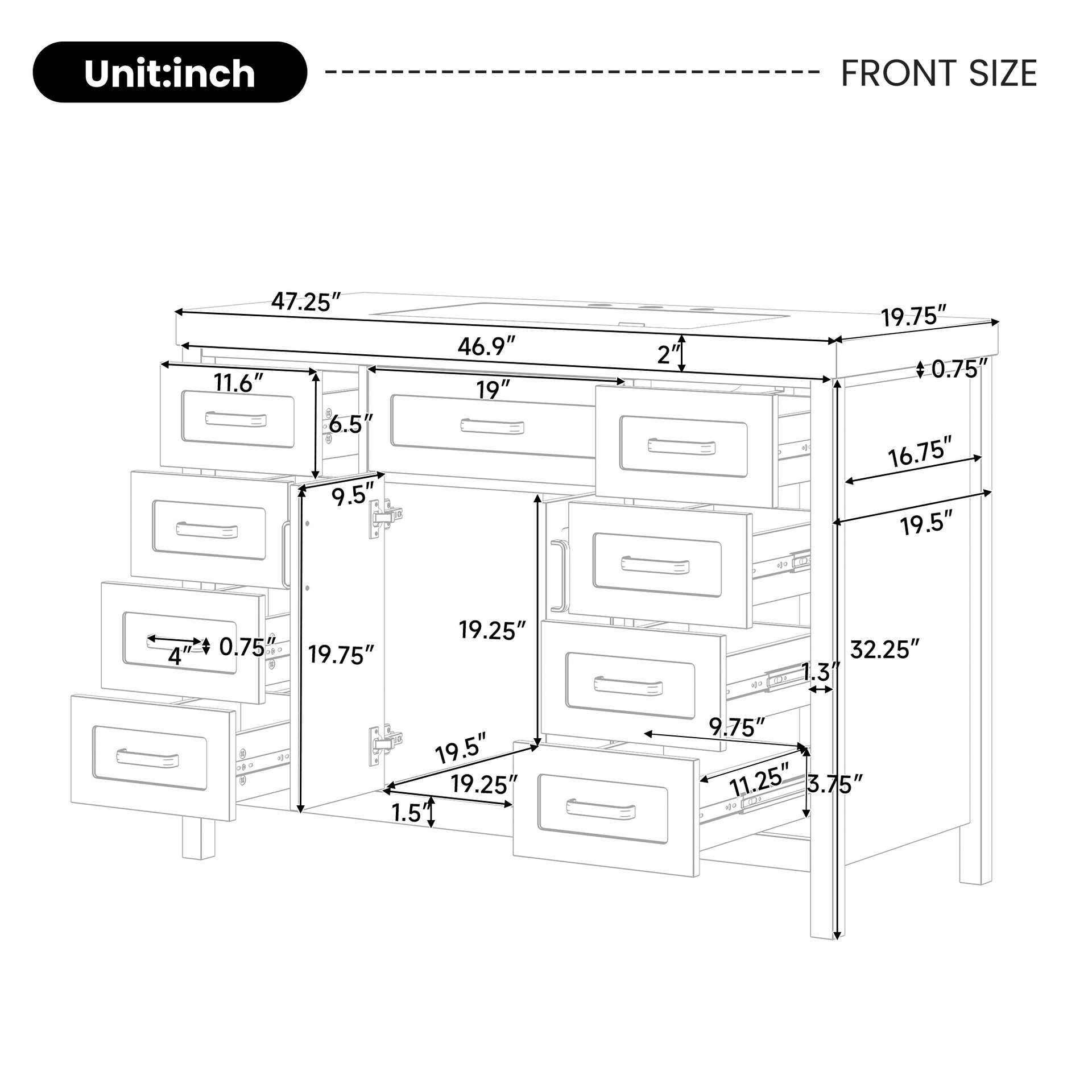 Video 48 Bathroom Vanity With Sink, 2 Doors And 8 Drawers, Soft Close System, Classic Design, Black