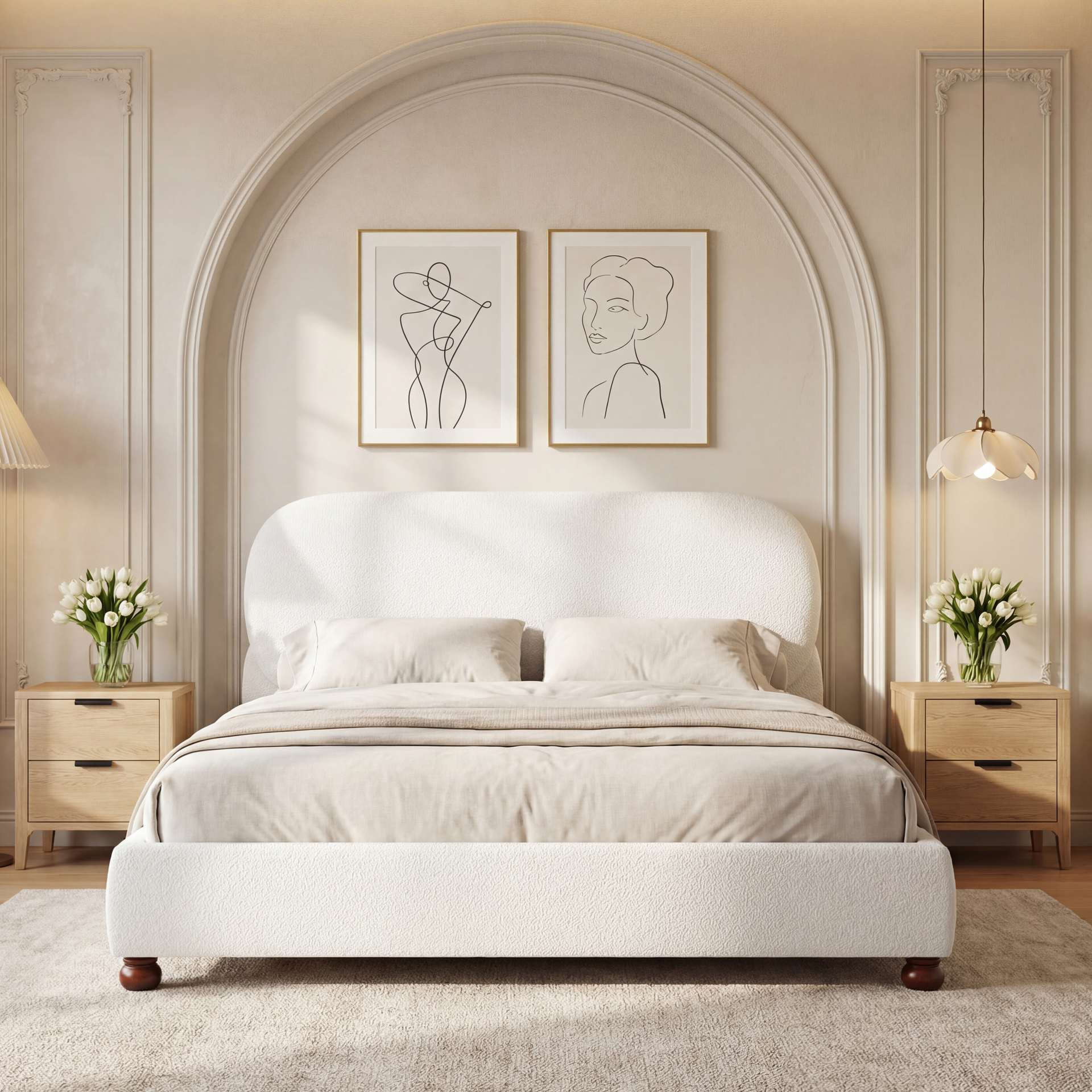 Cream-colored Boucle Upholstered Bed With Rubber Wood Foot ,King