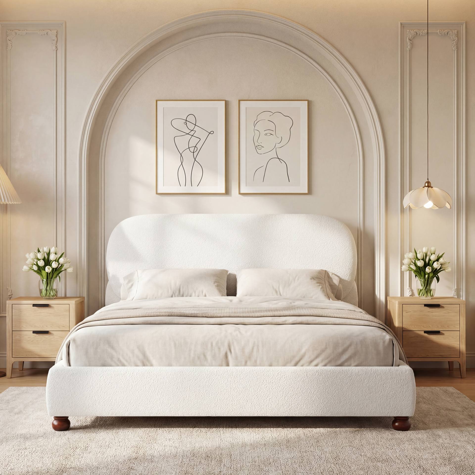 Cream-colored Boucle Upholstered Bed With Rubber Wood Foot ,King