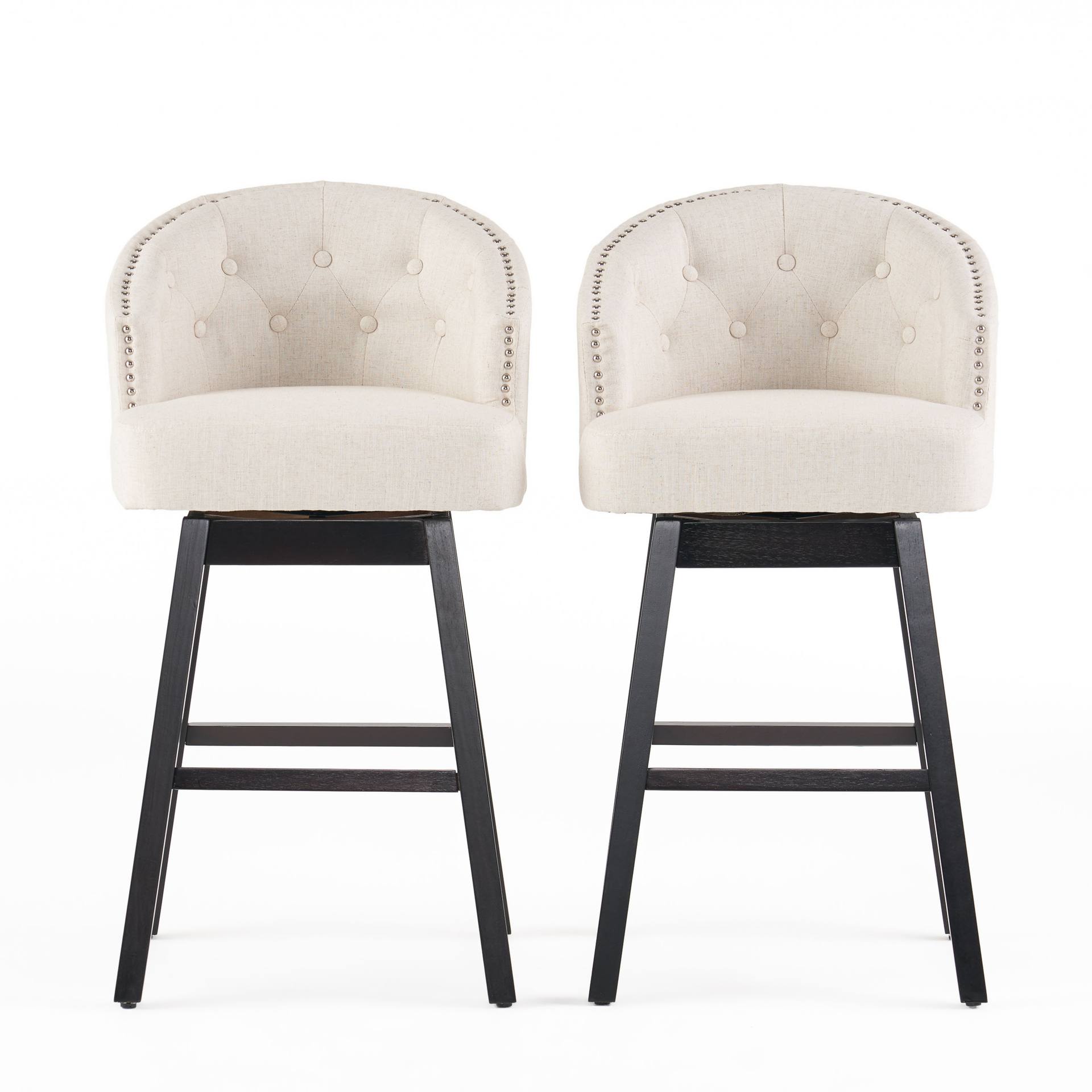 360 Degree Swivel Bar Stool With Stunning Nailhead Trim, Set Of 2, Beige