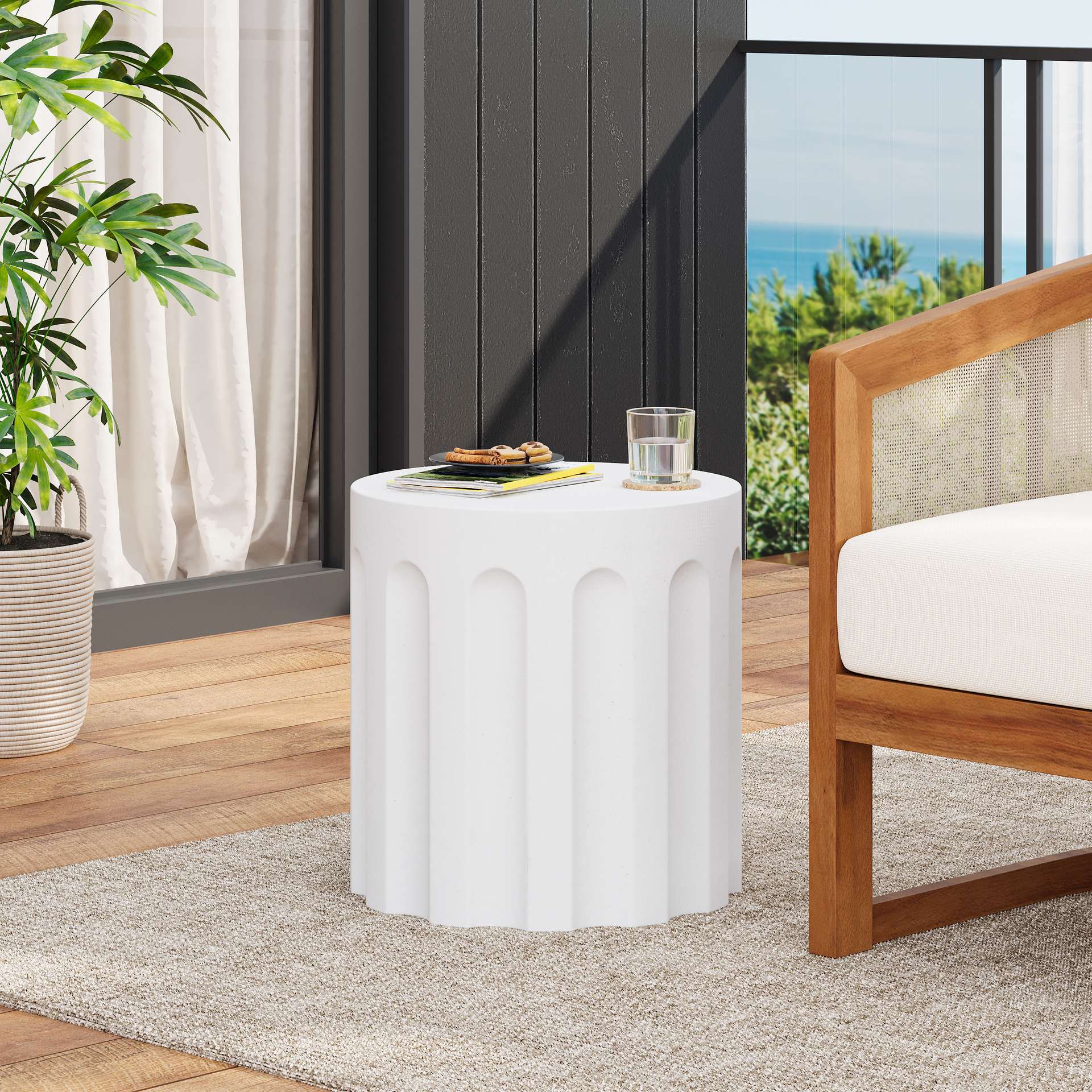 Outdoor White Cylindrical Concrete Side Table, Indoor MGO End Table
