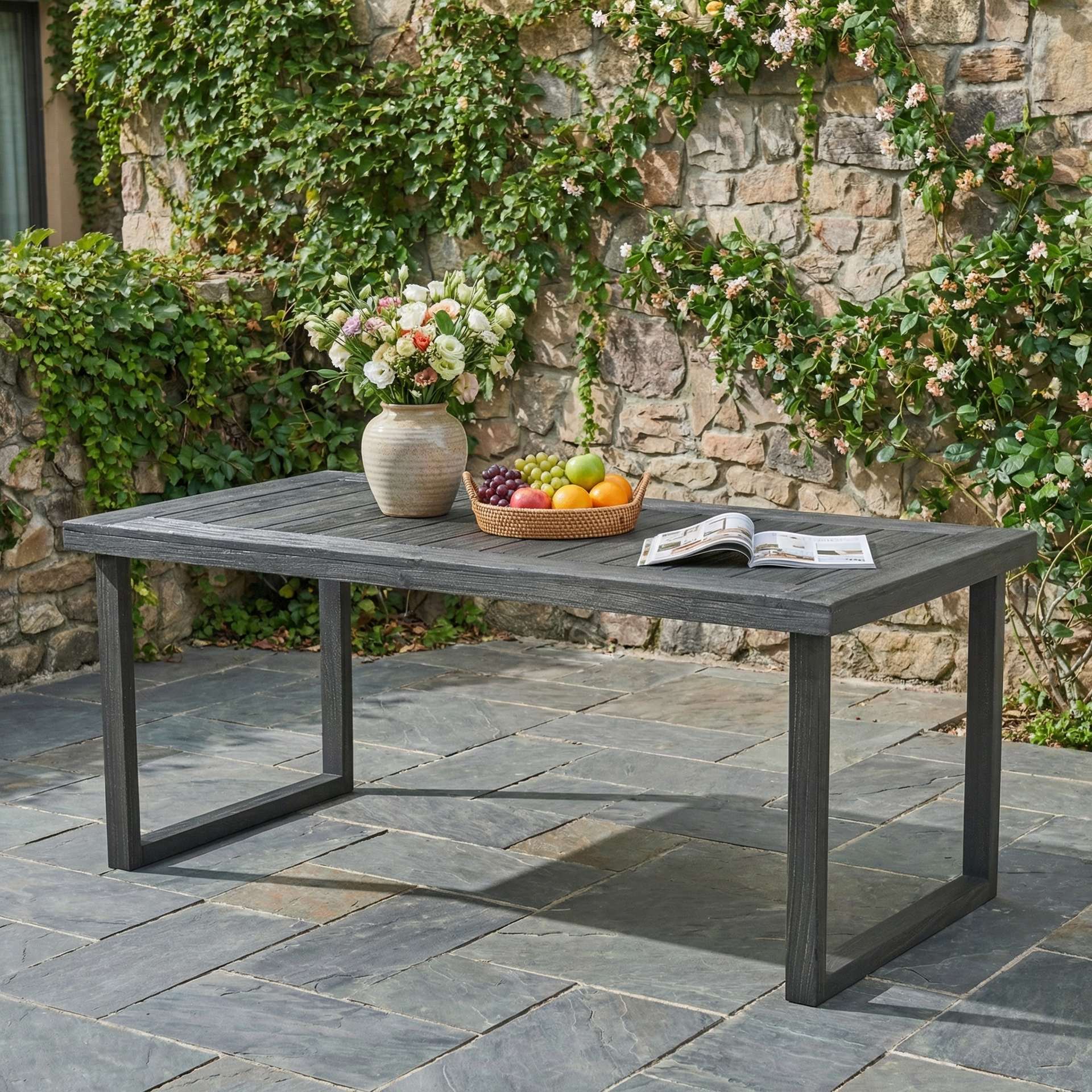Outdoor 69 Acacia Wood Dining Table, Sandblast Dark Gray Finish