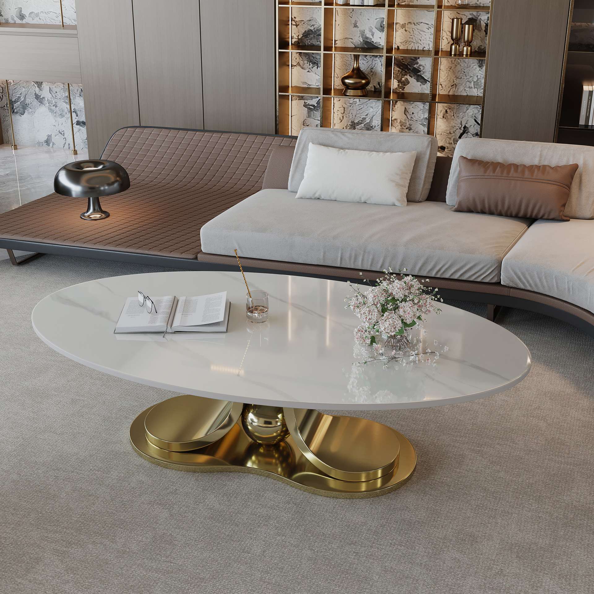 49.2 Modern Faux Marble Coffee Table With Sintered Stone Tabletop, Living Room Table With Stainless Steel Base