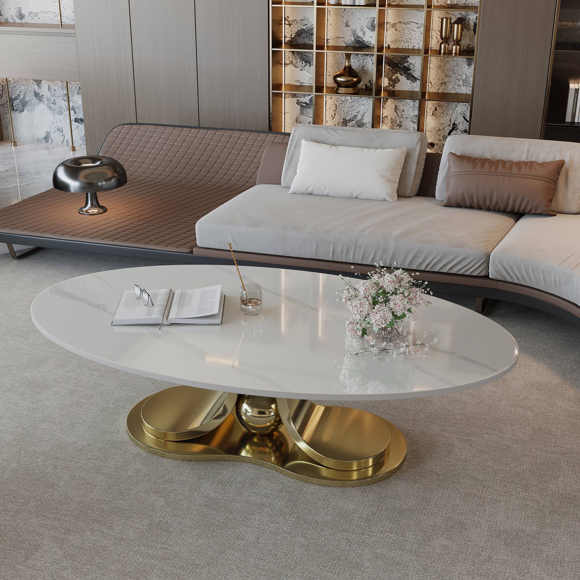 49.2 Modern Faux Marble Coffee Table With Sintered Stone Tabletop, Living Room Table With Stainless Steel Base