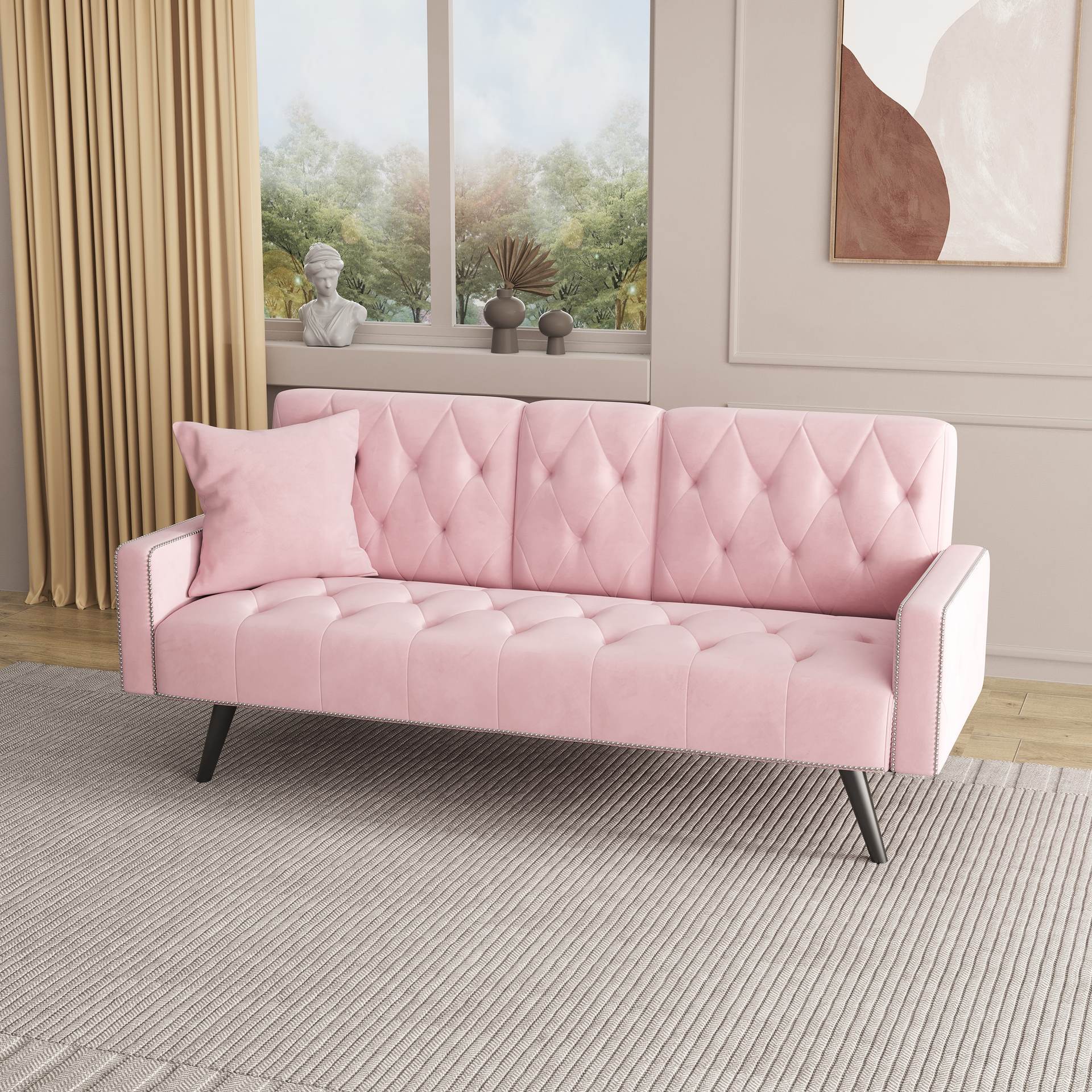 1730 Sofa Bed Armrest With Nail Head Trim With Two Cup Holders 72 Velvet Sofa For Small Spaces
