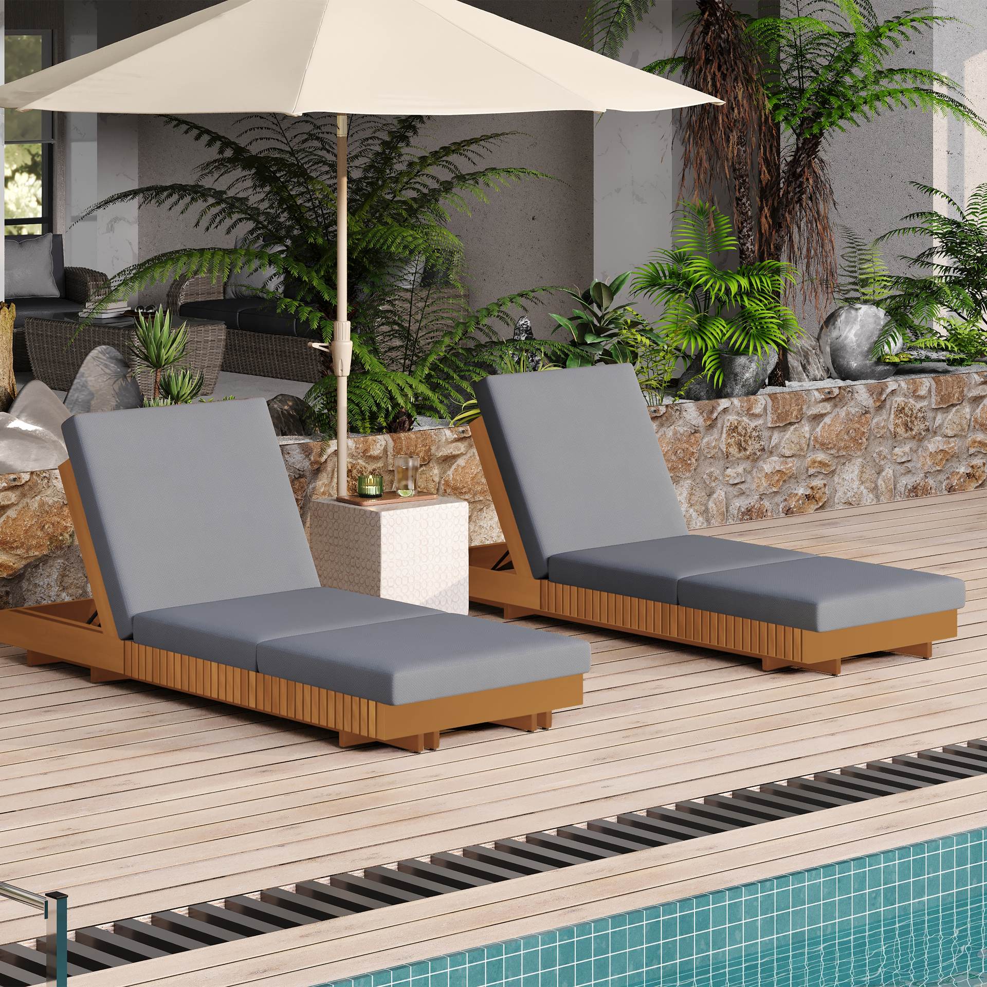 Lounge Chaise Set, Acacia Solid Wood With LOUNGE CUSHION Dark Grey TRIPLE FOLDS - Matching Cream Version Available