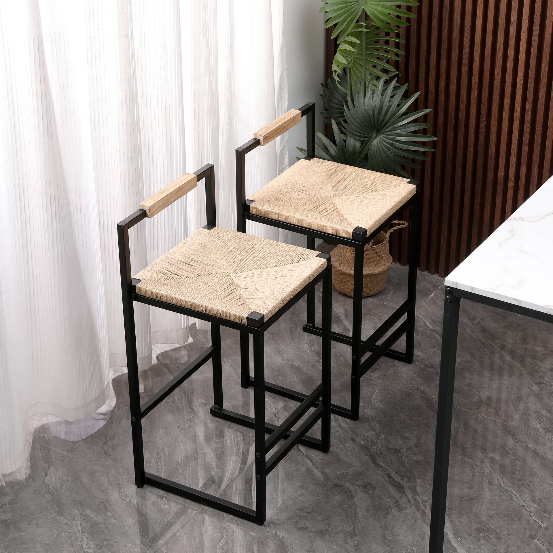 Set Of 2 Bar Stools With Back Paper Rope Woven Counter Height Dining Chairs For Kitchen, Home Paper Rope With Back