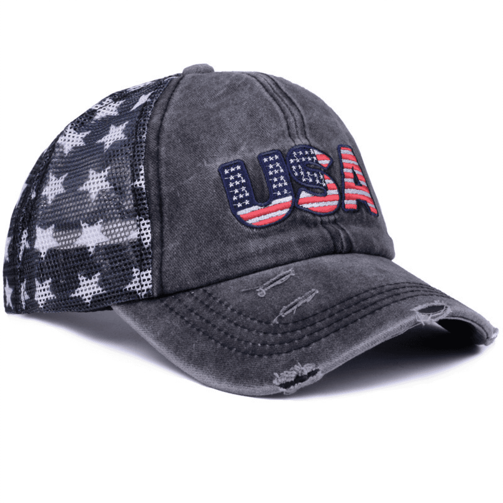 Single-color Stitched Star-pattern Net Fabric Three-dimensional American Flag Embroidery Washed-out Vintage Simple Style Baseball Cap Suitable For Outdoor, Street, And Travel Use