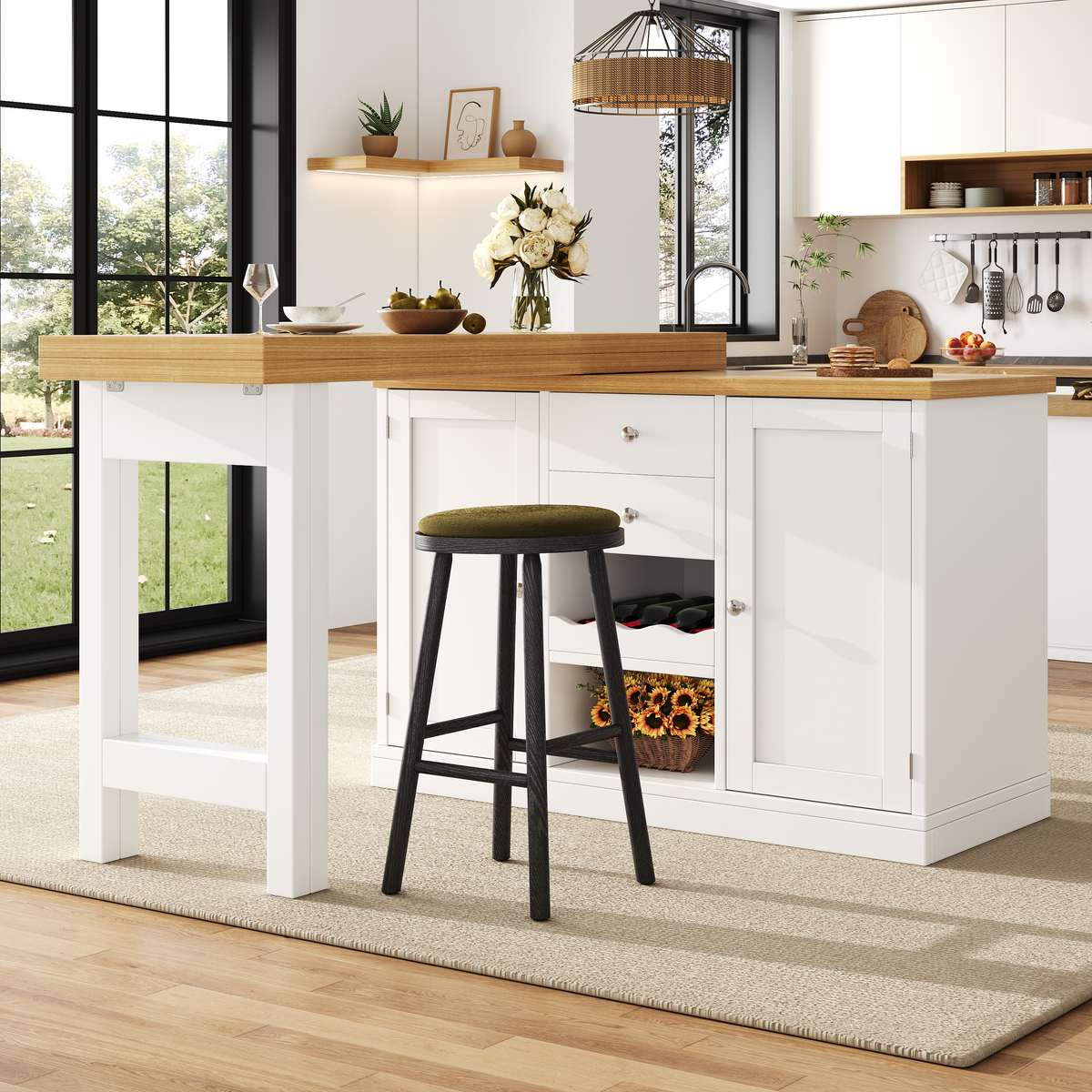 Extendable Sideboard & Dining Table Combo, 2 Drawers & Snack Rack, Space-Saving Sideboard For Small Flats, White Black