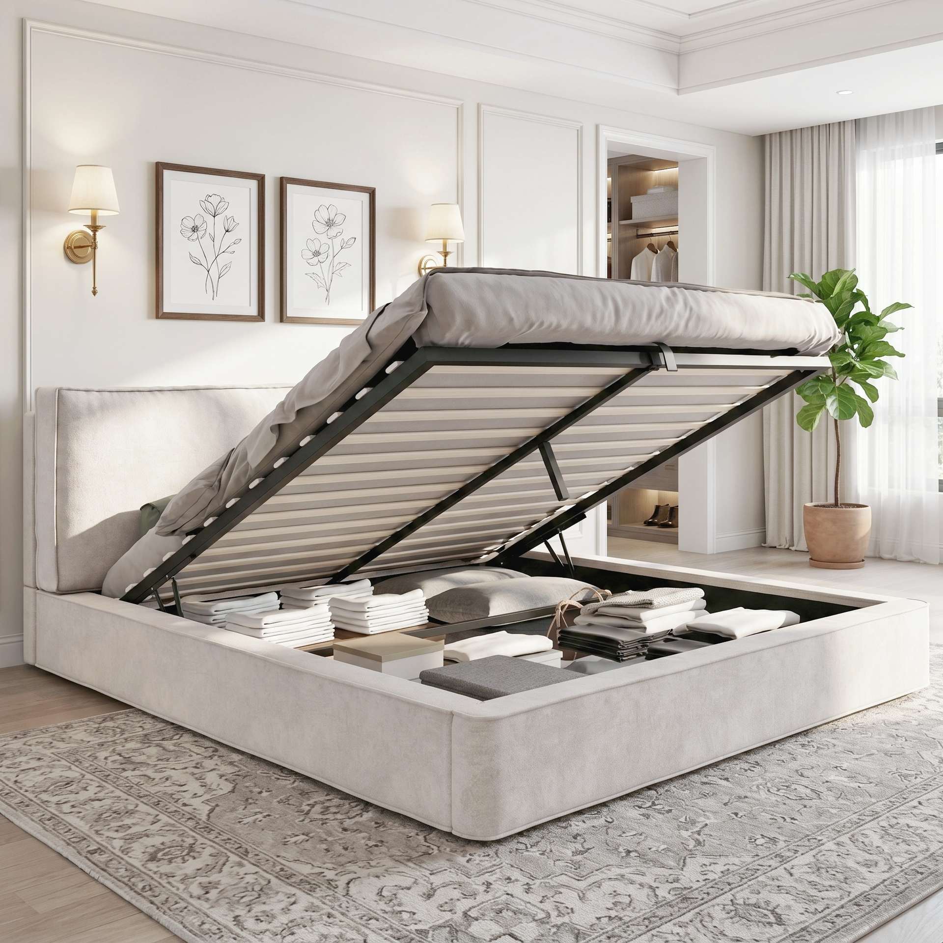 Double Ottoman Storage Bed Frame 4FT6 135 X 190 Cm , Upholstered Bed With Spacious Hydraulic Lift-Up Storage, Soft Padded Headboard & Strong Slatted Base, Beige, Chenille